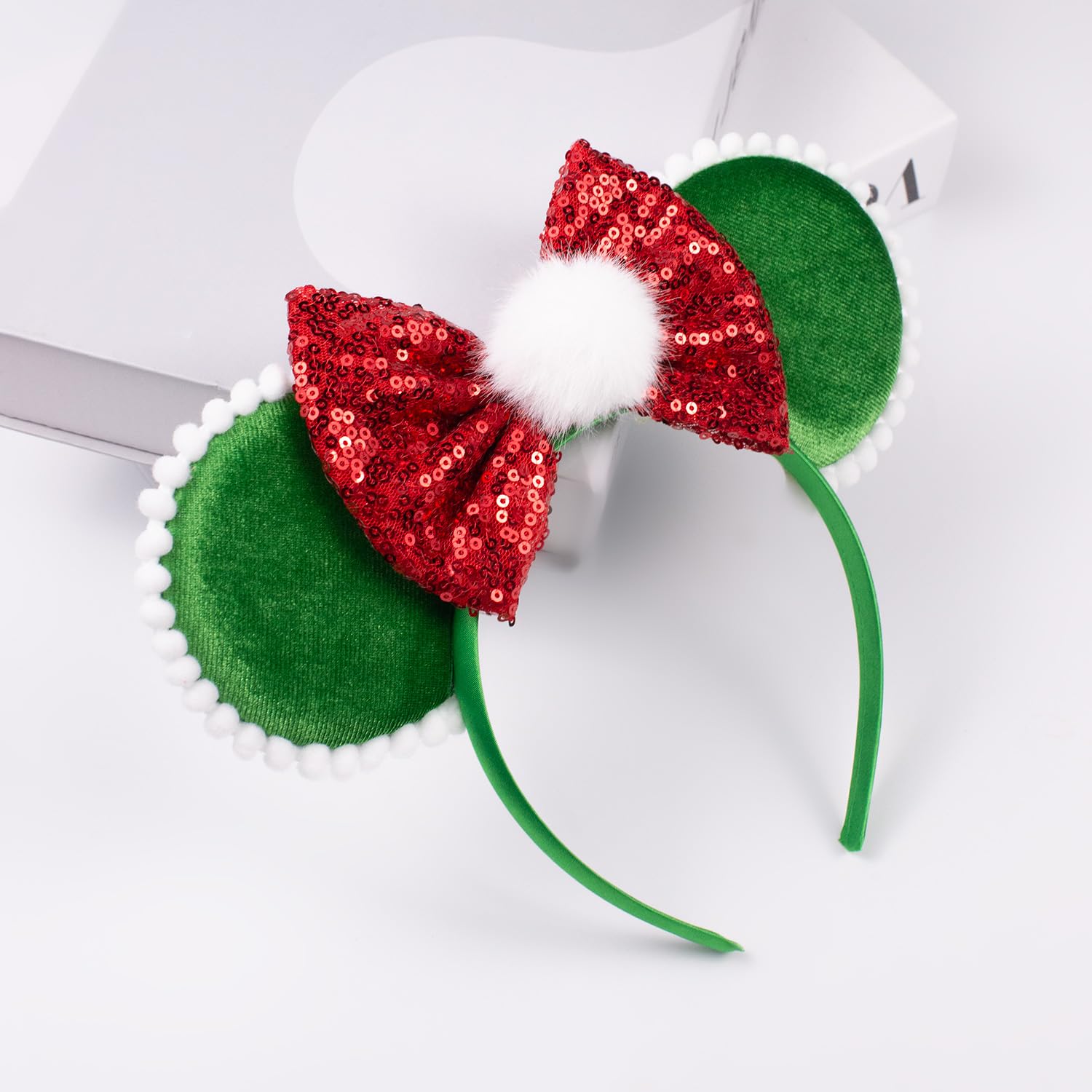 Jiahang Green Velvet Mouse Ears Headband With White Pom Pom Ball, Red Hair Bow Headband, Party Fashion Headwear Hair Accessories