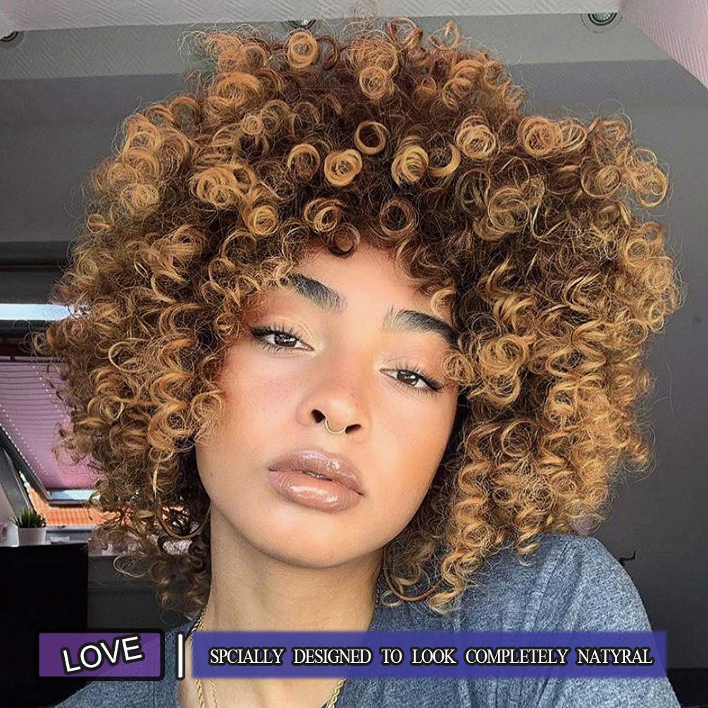 Yeame Curly Wigs For Black Women - Kinky Afro Curly Wig With Bangs 2 Tone Blonde Mixed Brown Color Synthetic Heat Resistant Full