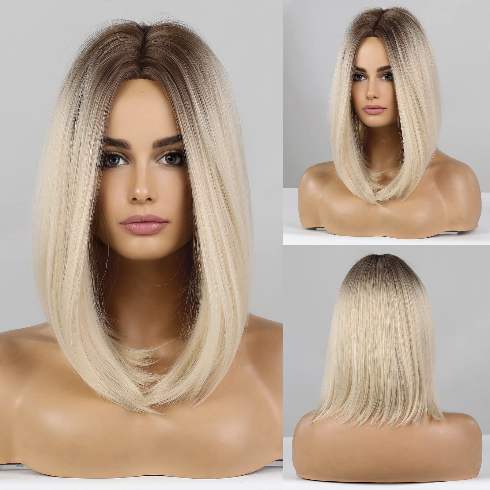 HAIRCUBE Ombre Blonde Bob Wig Shoulder Length Wigs for Women Dark Brown Roots Middle Part Heat Resistant Fibre Synthetic Wig Dai