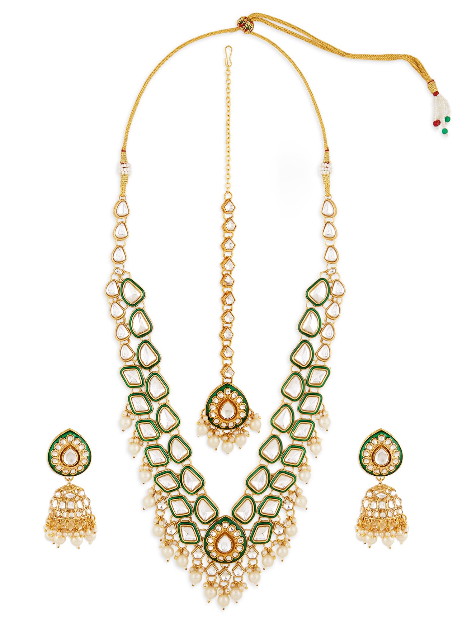 Zaveri Pearls Green Meenakari Dazzling Stones Beads Bridal Necklace Earring & Maangtikka Set For WomenZpfk18886