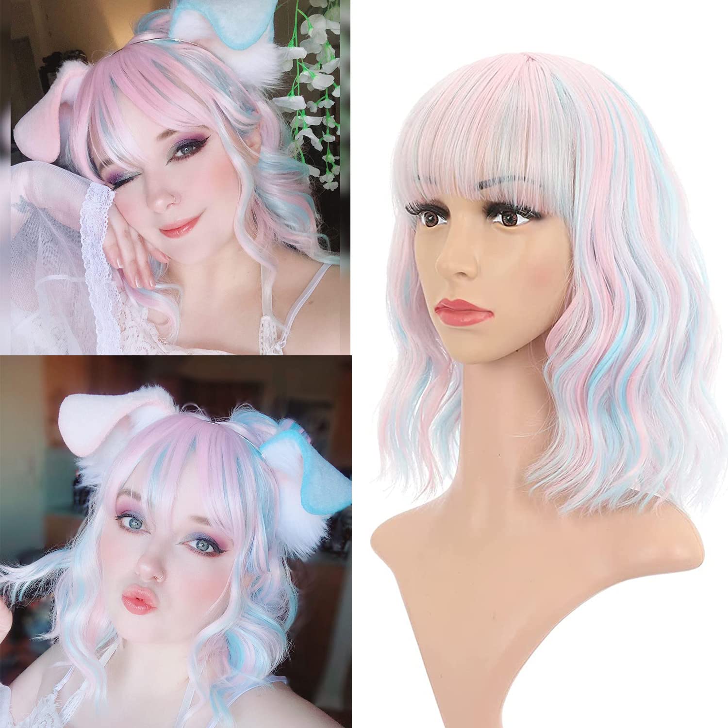 Vckovcko Natural Wavy Wig With Air Bangs Short Bob Piano Color Wigs Women'S Shoulder Length Wigs Curly Wavy Synthetic Cosplay Wi