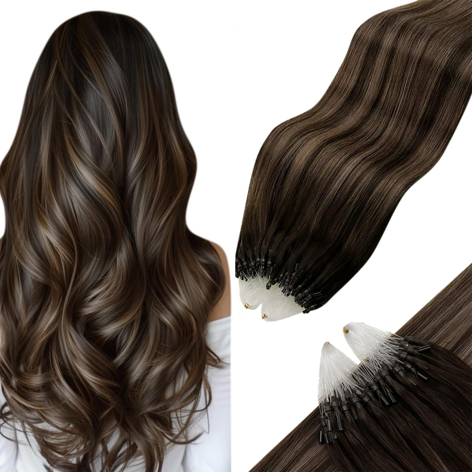 Hetto Microlink Hair Extensions Real Human Hair Balayage Microbead Hair Extensions Human Hair Darkest Brown to Ash Brown 16 Inch