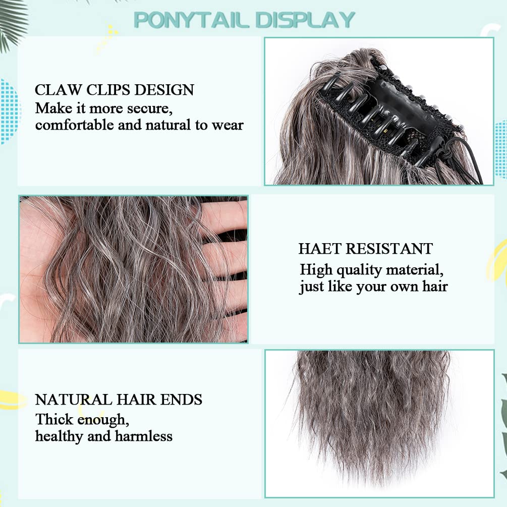 Wavy Ponytail Extension Claw Clip, 22 Inch Corn Wave Pony Tail Synthetic Brown Mixed Blonde Hair, Long Curly Jaw Ponytail Hair E