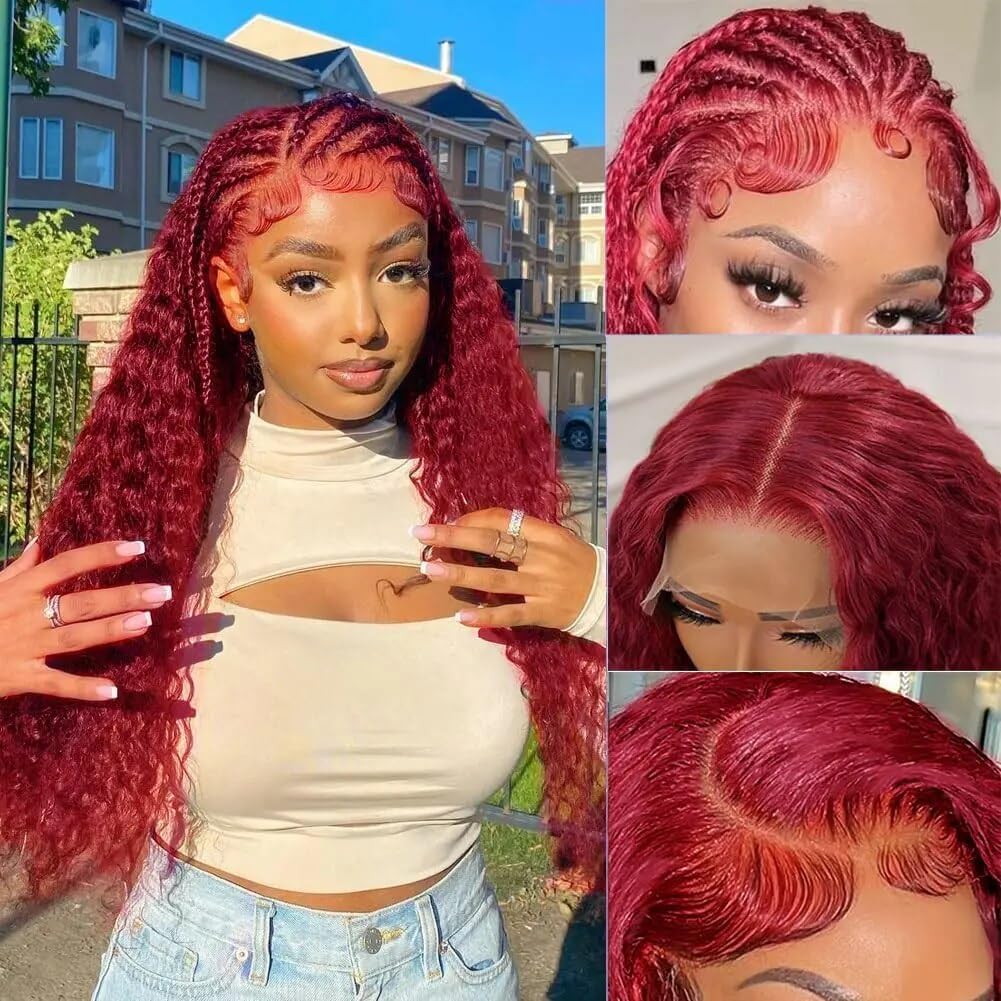 Lace Front Wigs Human Hair 180% Density Glueless Wigs Human Hair Pre Plucked 13X4 99J Burgundy Red Wigs Water Curly Human Hair L