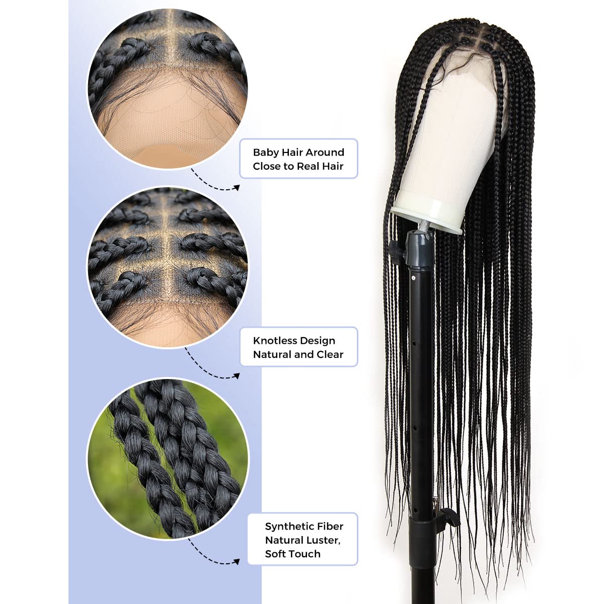 KRALER 36 inch Braided Wigs for Black Women, Knotless Box Braid Wig Glueless Full Double Lace Square Based Micro Box Braids Wig