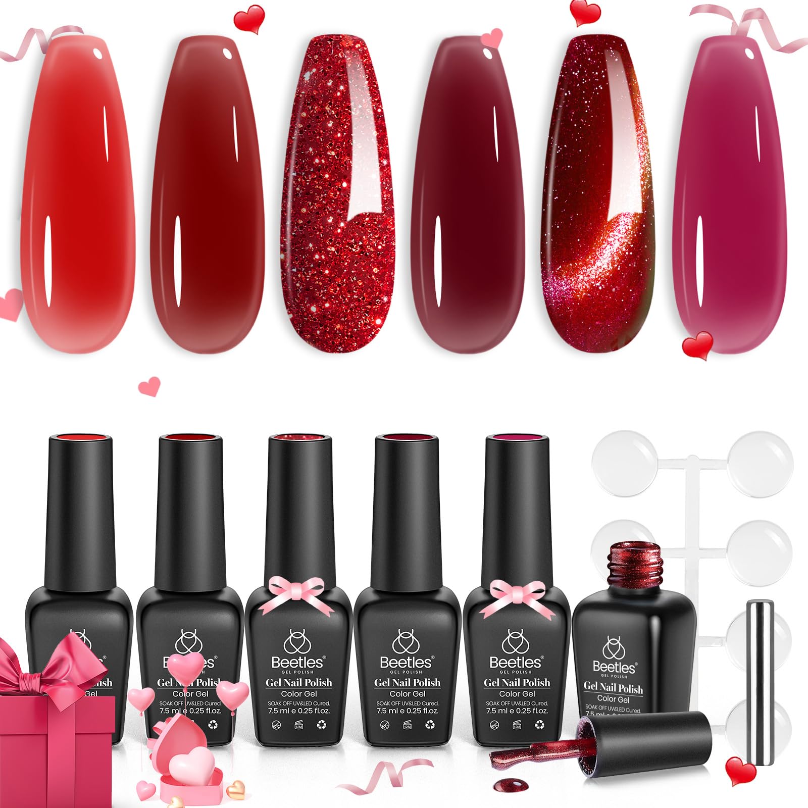 Beetles Red Gel Nail Polish Set, 6 Colors Cat Eye Glitter Burgundy Red Revival Various Bright Jelly Nail Polish Set With Magnet,