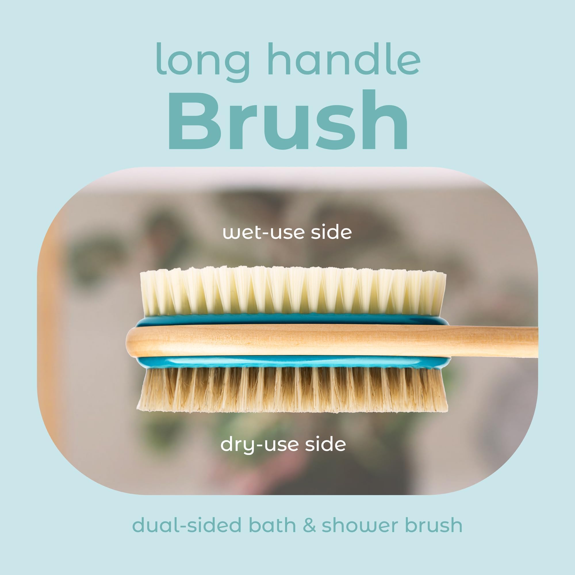 Mainbasics Back Scrubber For Shower Long Handle Back Brush Dual-Sided With Exfoliating And Soft Bristles (Teal, Wood)
