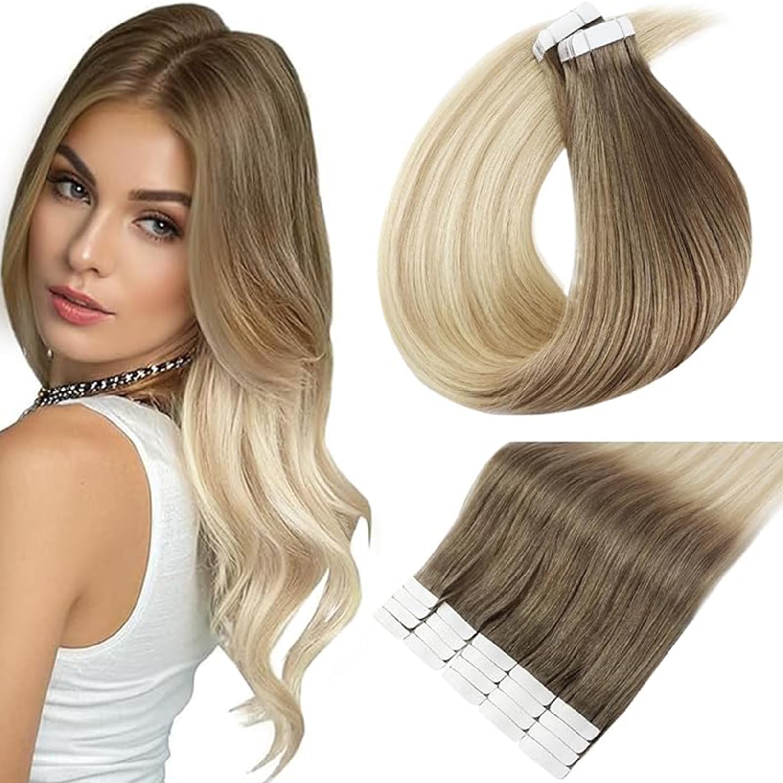 Full Shine Tape In Hair Extensions Human Hair Blonde Tape In Extensions 22 Inch Color 8 Ash Brown Fading To 60 Platinum Blonde A