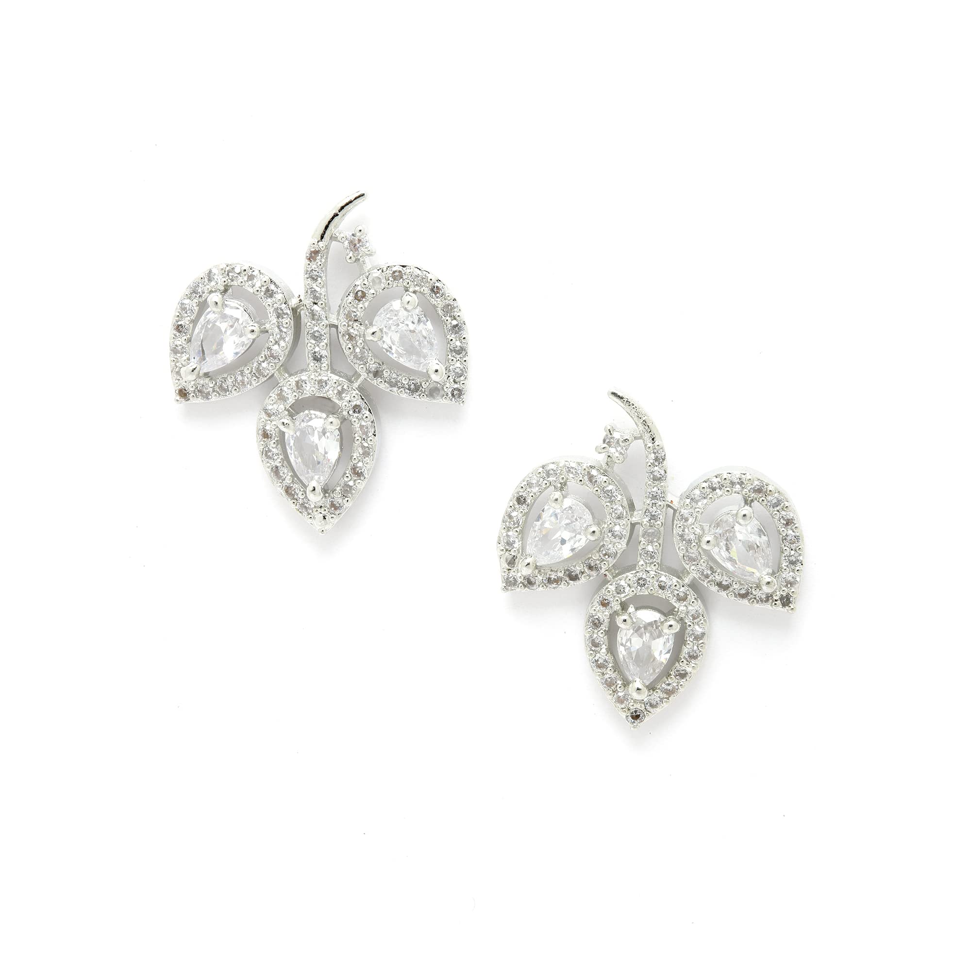 Zeneme Leaf Shaped Rhodium Plated American Diamond Stud Earring For Women And Girls (White)