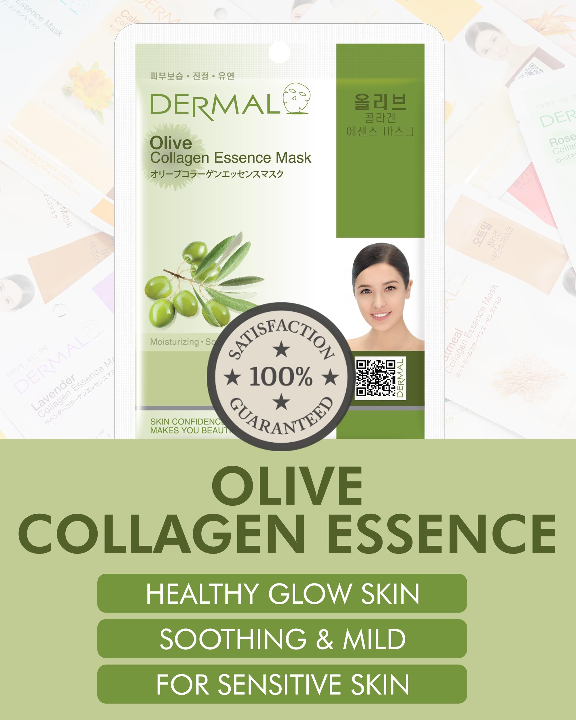 Dermal Olive Collagen Essence Korean Facial Mask Sheet Pack Of 10 - Nourishing, Deep Hydration, Reduces Fine Wrinkles - Hypoalle