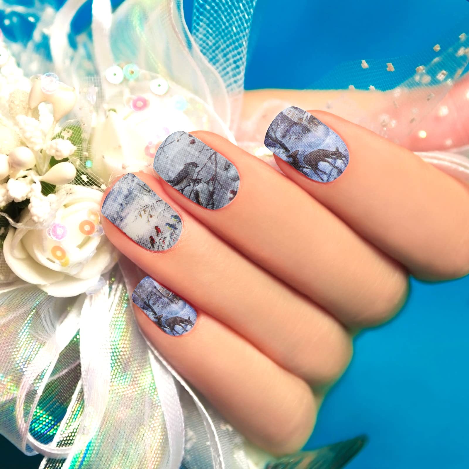 168 Pieces Christmas Full Wrap Nail Art Stickers Snowflakes Snowman Deer Nail Polish Stickers Self-Adhesive Holiday Winter Nail