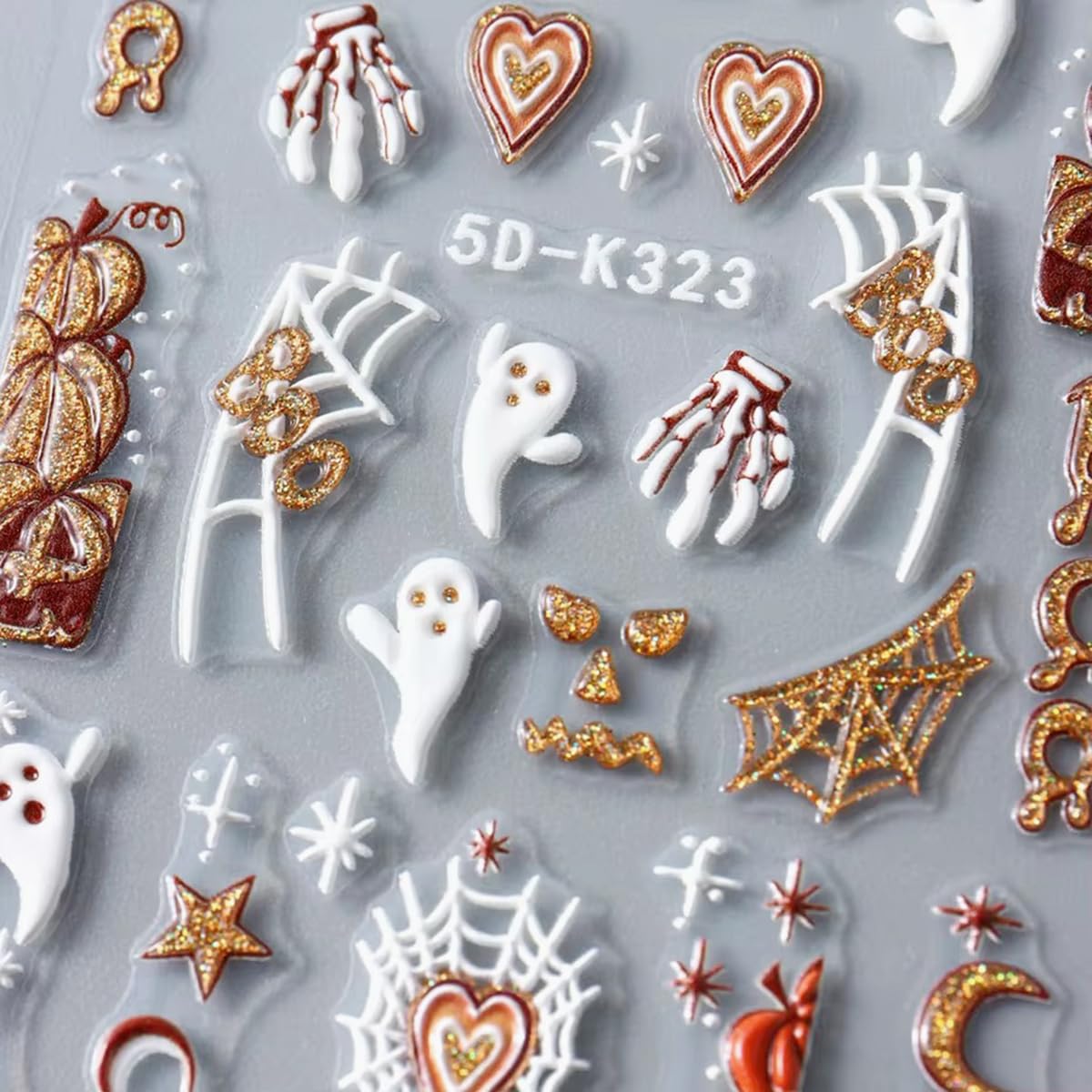 Halloween Nail Art Stickers Halloween 5D Embossed Nail Decals 2Pcs Ghost Pumpkin Heart Spider Web Boo Halloween Nails Design Gli