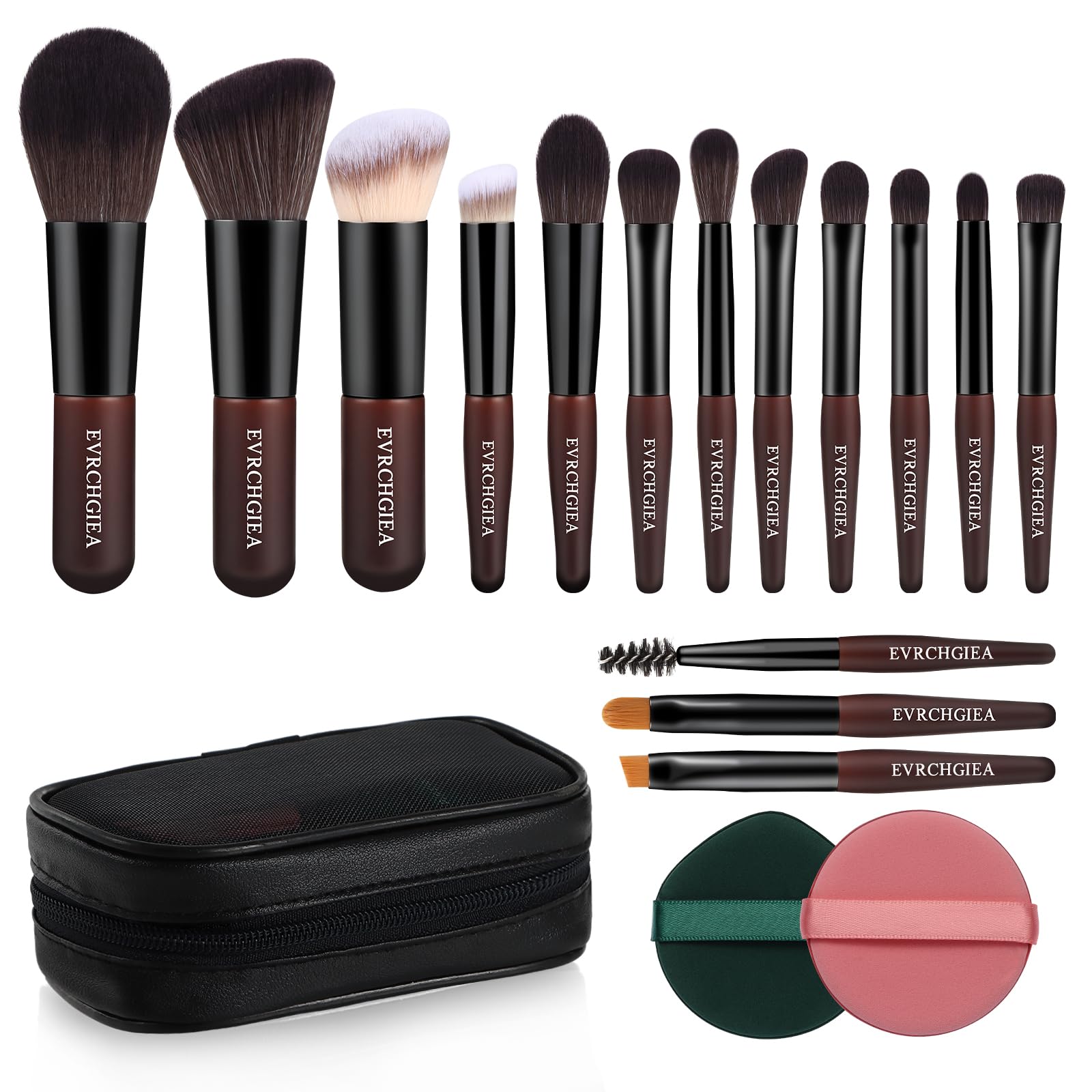 Travel Makeup Brush Set, 15 pcs Mini Makeup Brushes and 2 Puff for Foundation, Powder, Eyeshadow, Highlight, Contour, Blush & Co