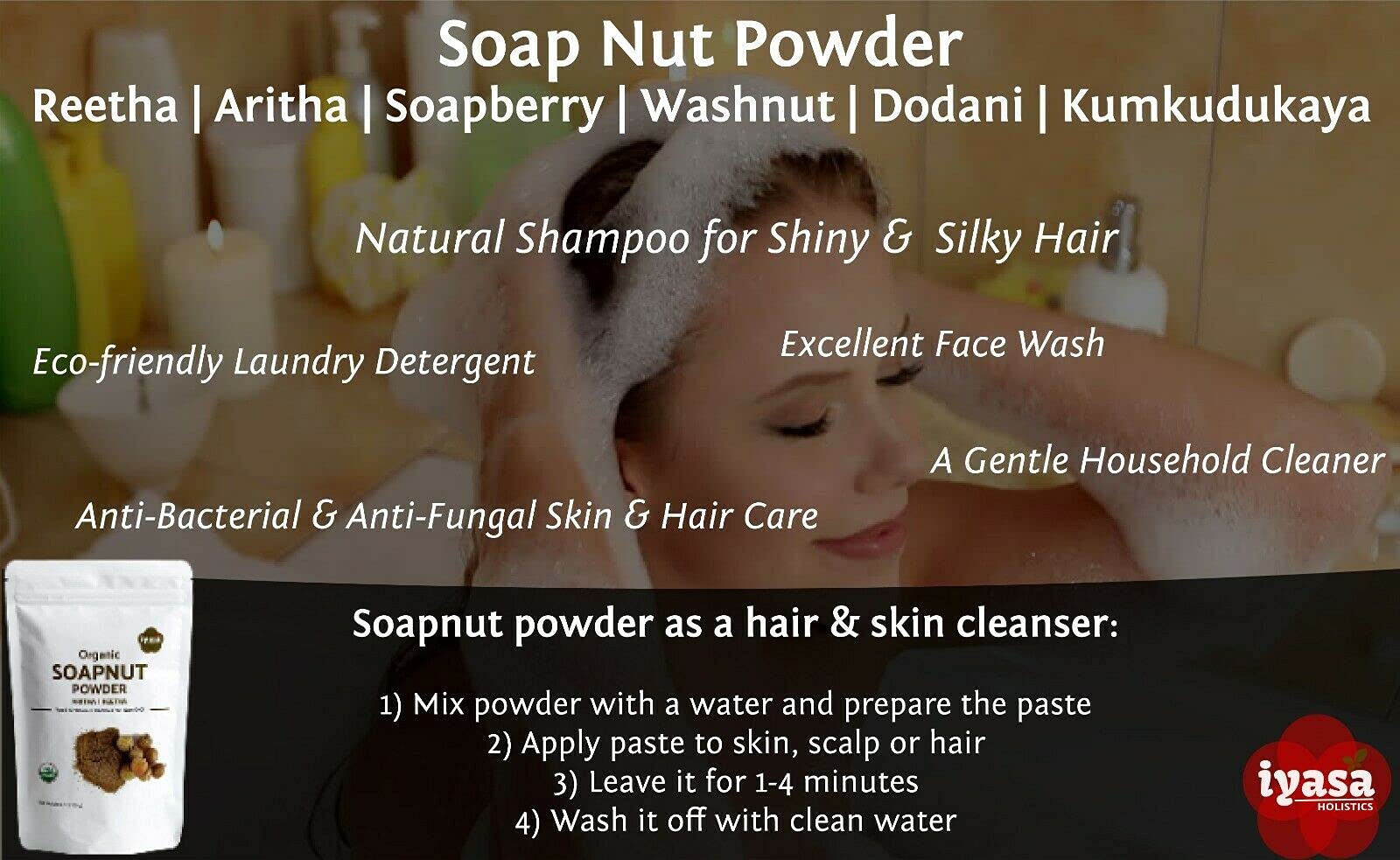 Organic Soapnut Powder, 4Oz Trial Pack, Aritha, Reetha,Sapindus Mukorossi,Natural Skin & Hair Cleanser Shampoo & Conditioner,Lau