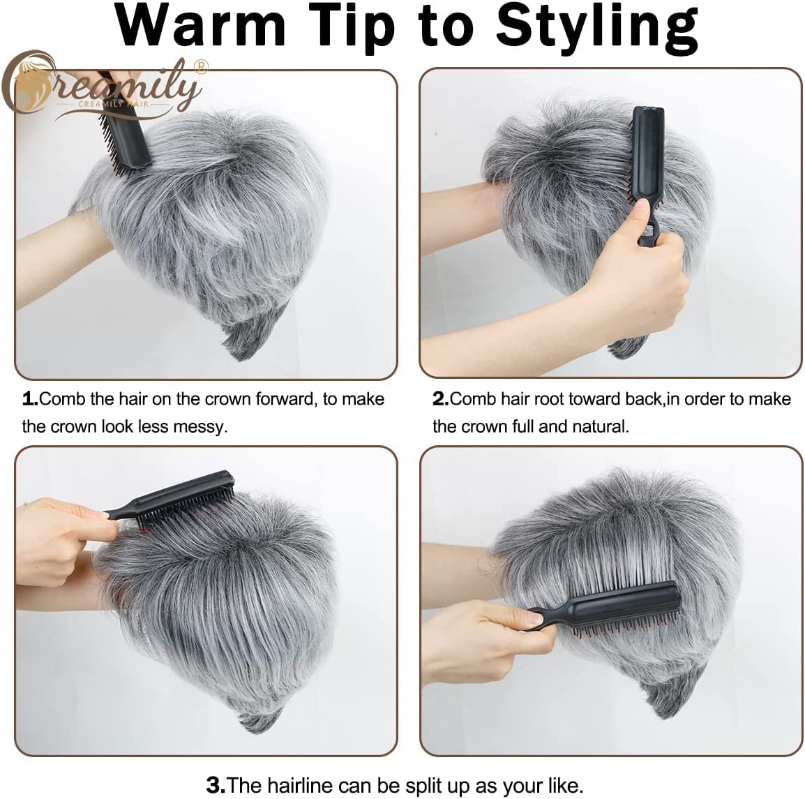 Creamily Short Grey Wig with Bangs - Natural Fluffy Synthetic Hair for Women, Gray Hair Replacement, Ideal for Over 60