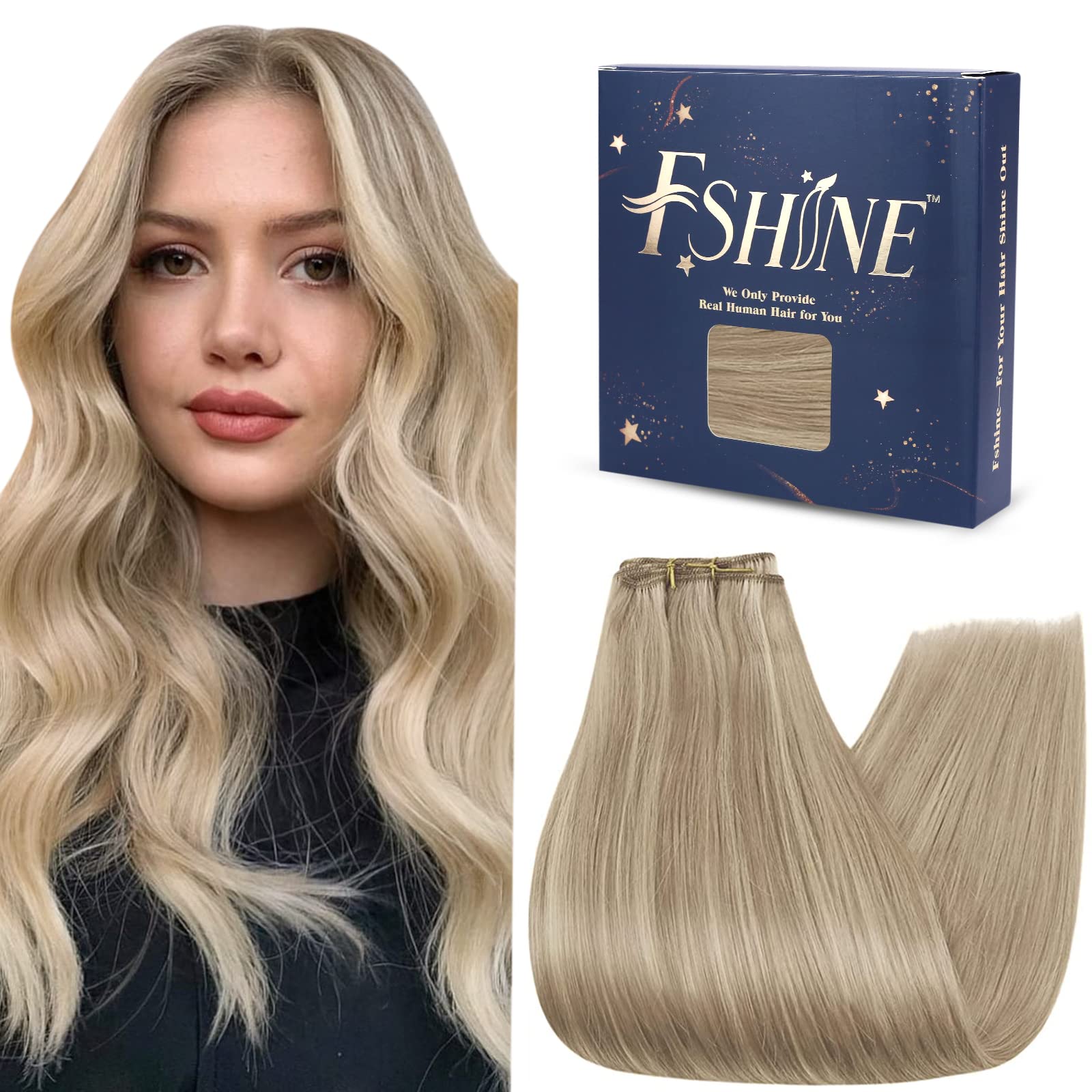 Fshine Ash Blonde Sew in Weft Hair Extensions 22 Inch 100g Dark Ash Blonde Highlighted with Golden Blonde Sew in Hair Extensions