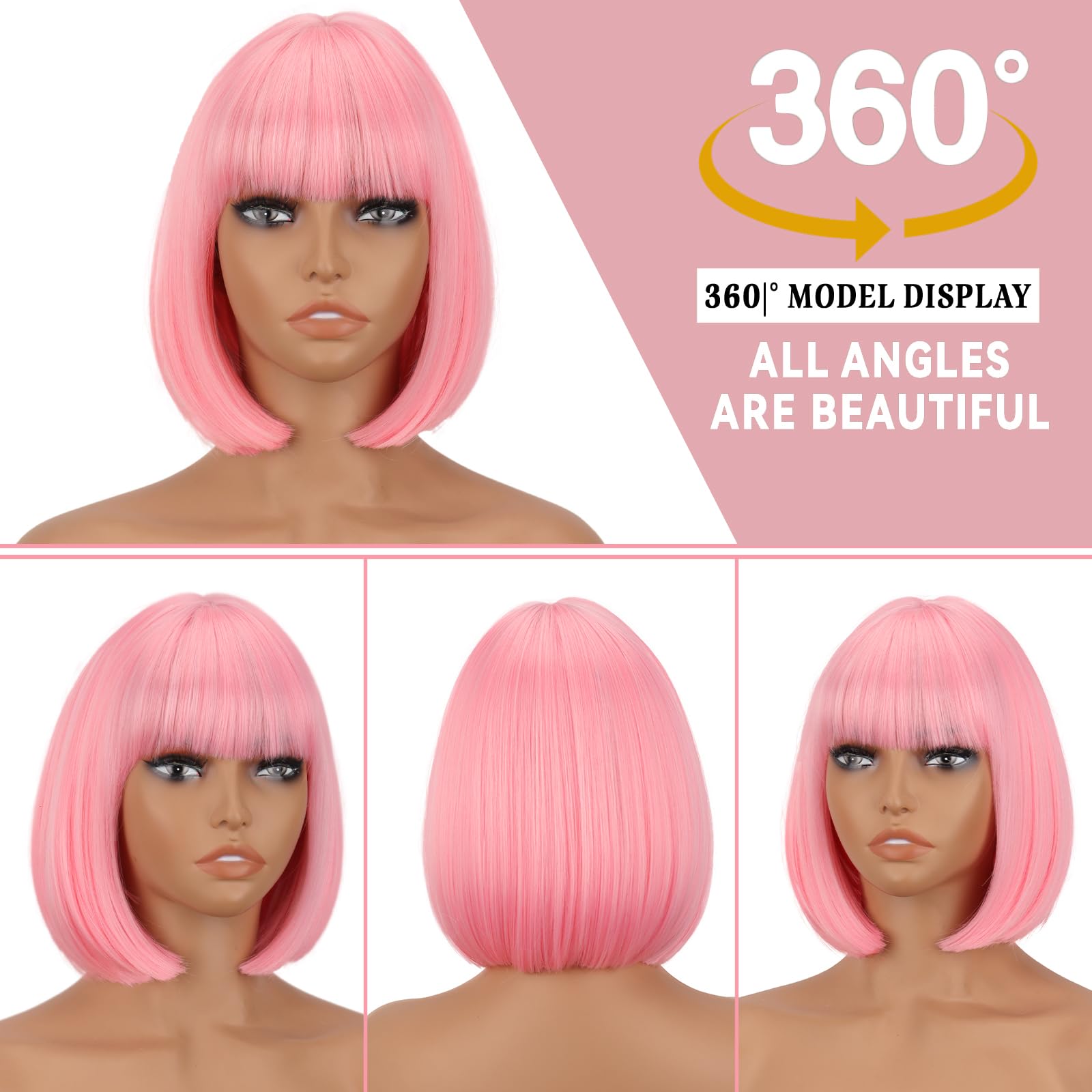 Werd Short Pink Bob Wig For Women Light Pink Wig With Bangs Synthetic Hair Straight Pink Bob Wig For Daily Party Cosplay
