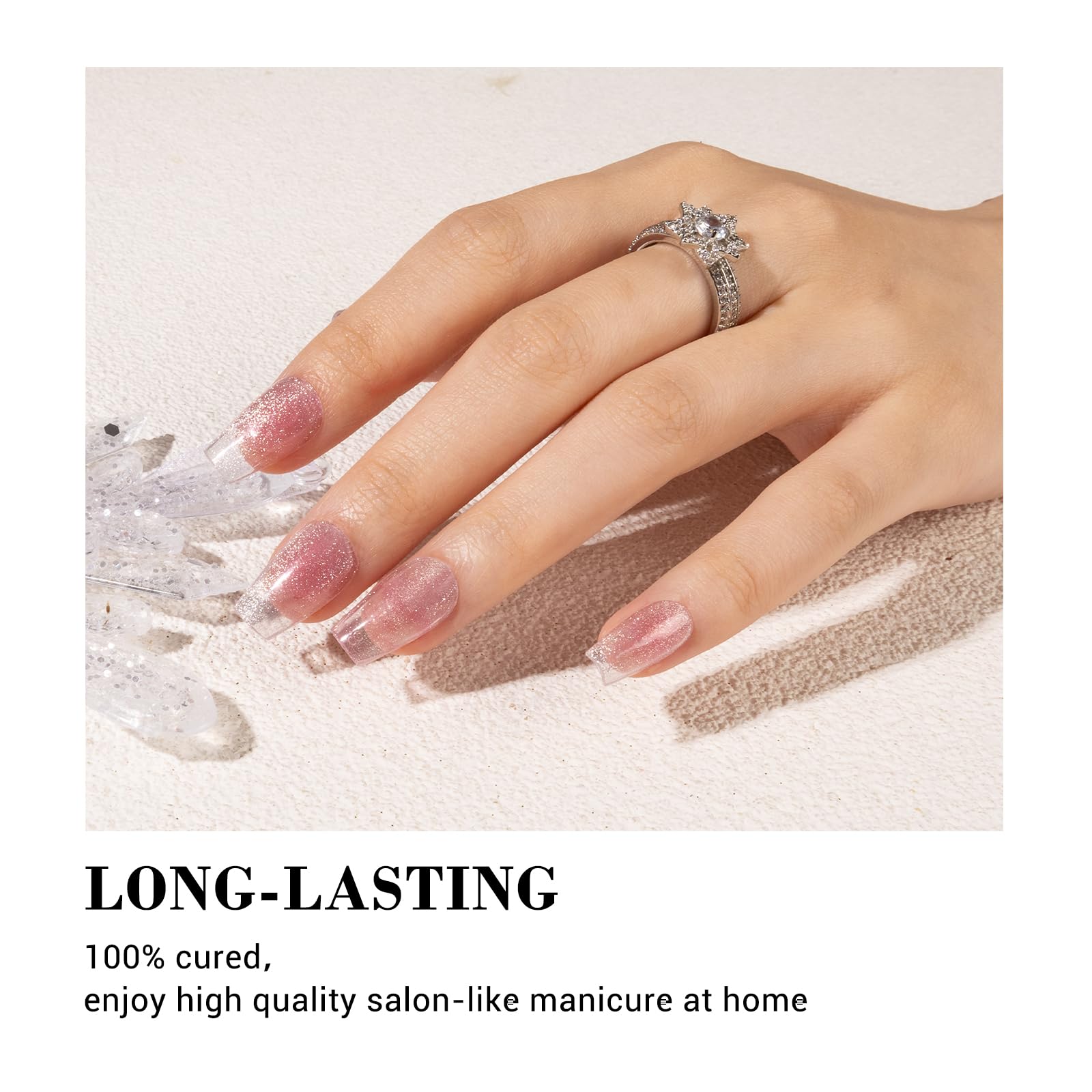 Melodysusie Semi Cured Gel Nail Strips (Clear Pink Cat Eye)- Works With Nail Lamp, Salon-Quality, Long Lasting, Easy To Apply &