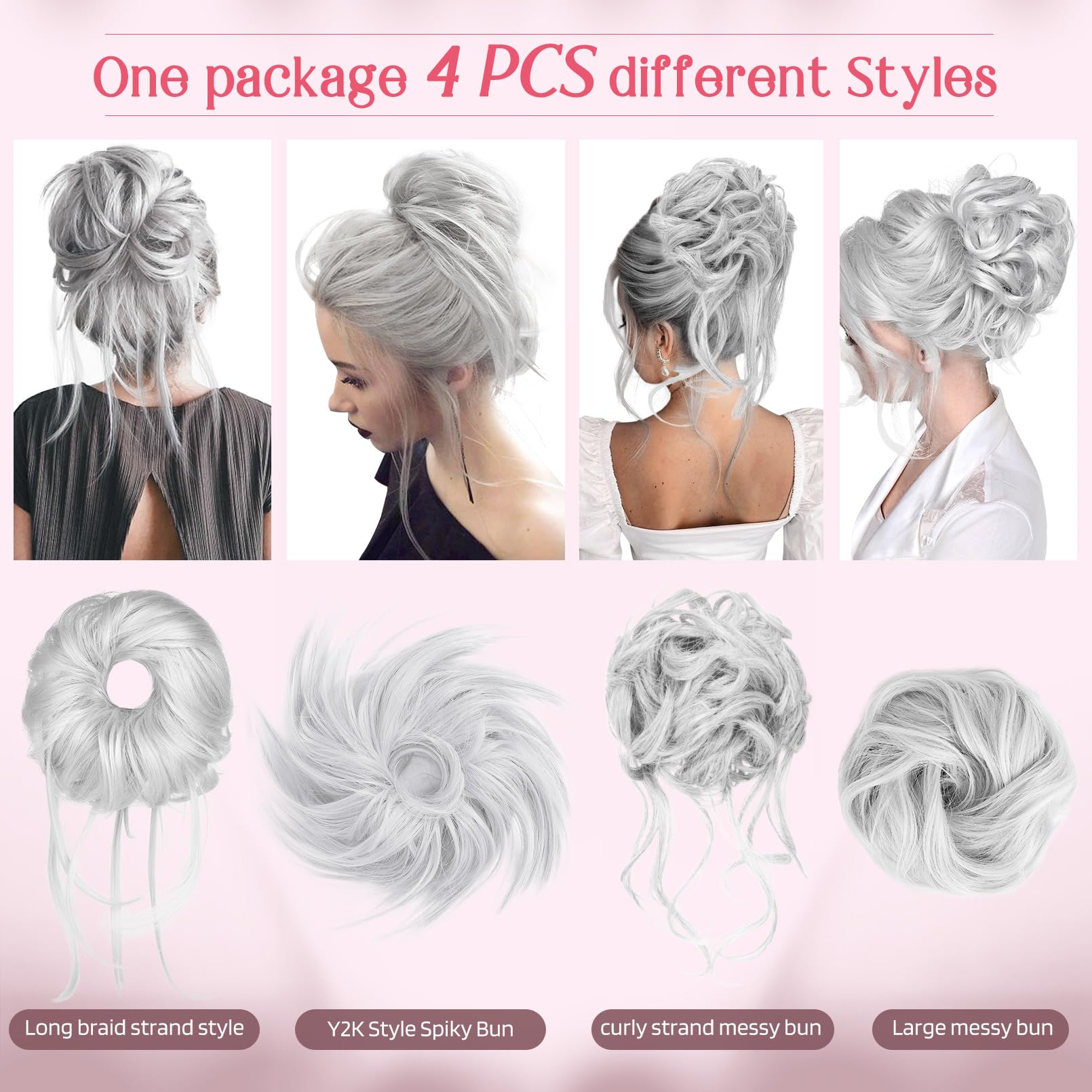 Hoojih Messy Bun Hair Pieces, 4 Pieces Messy Bun Straight Bun Hair Pieces For Women Wavy Tousled Updo Short Ponytail Hair Extens