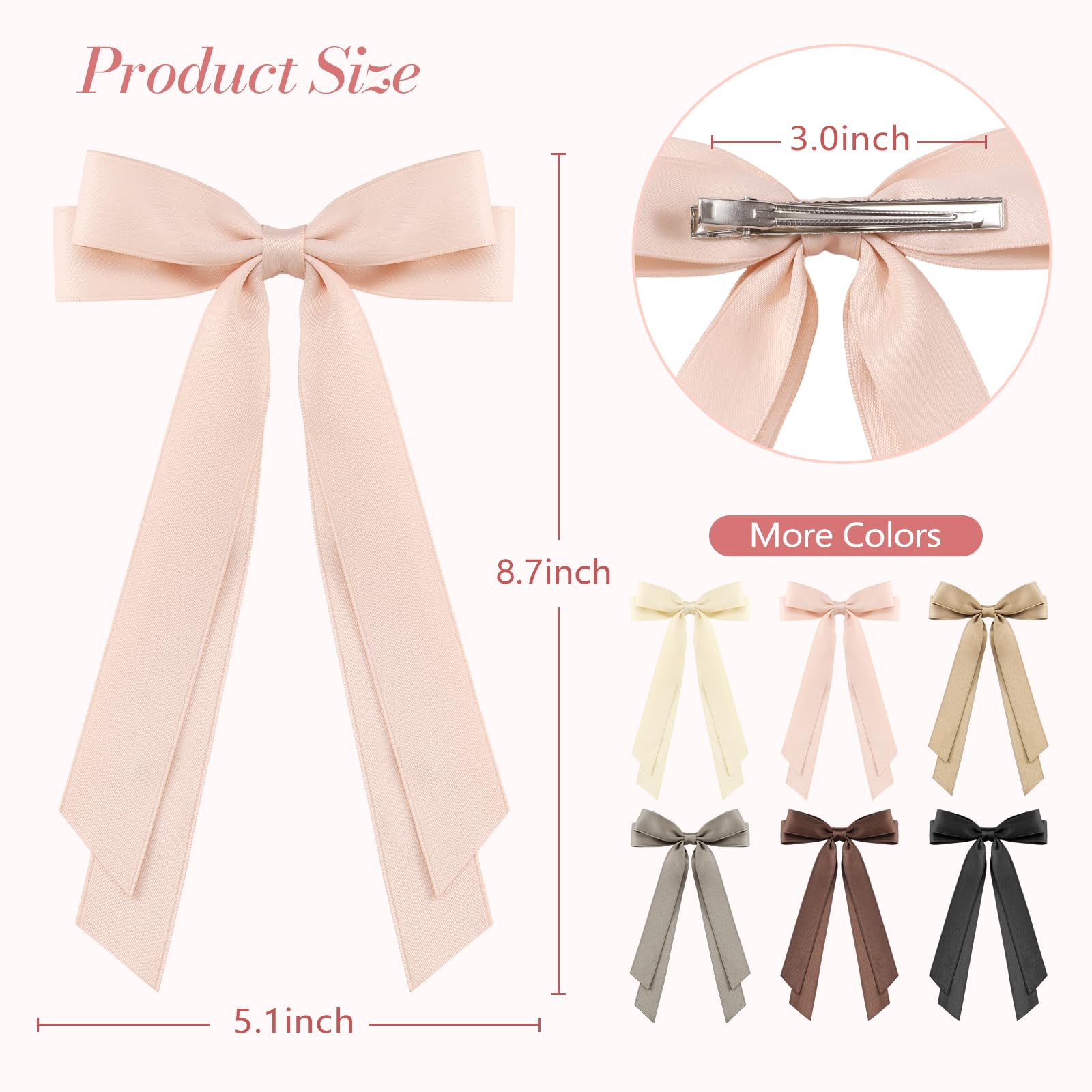 6Pcs Hair Bows For Women, Bow Hair Clips, Silky Satin Hair Bows, Pink Hair Ribbon, Cute Double Bows Long Tail For Girls, Neutral