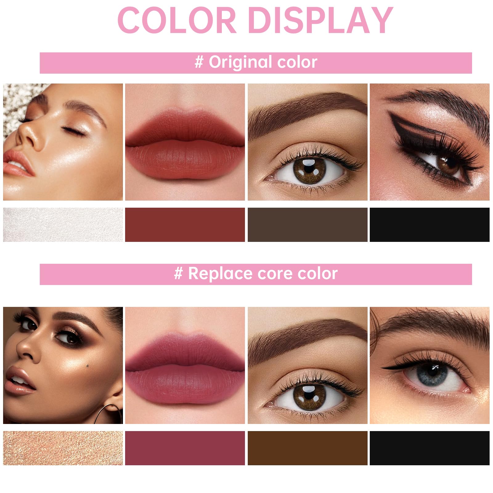 Hosaily 4 In 1 Makeup Pen, 4 Colors Eyeliner Eyebrow Lip Liner Highlighter All In One Beauty Makeup Pen, Waterproof Long-Lasting