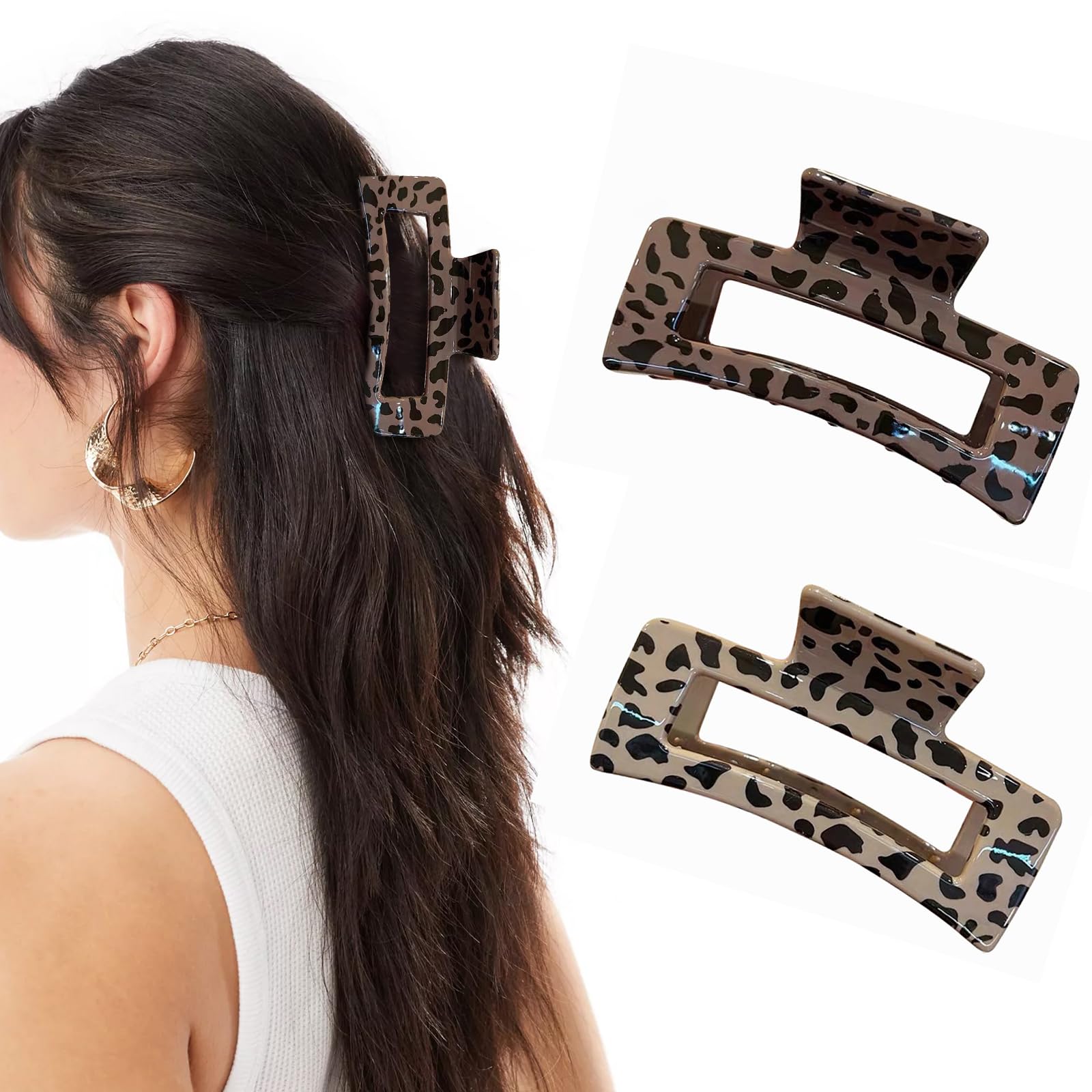 Paderison 2Pcs Checkered Rectangle Multicolored Claw Barrettes - Strong Hold Y2K Hair Accessories for Thin and Thick Hair (Brown