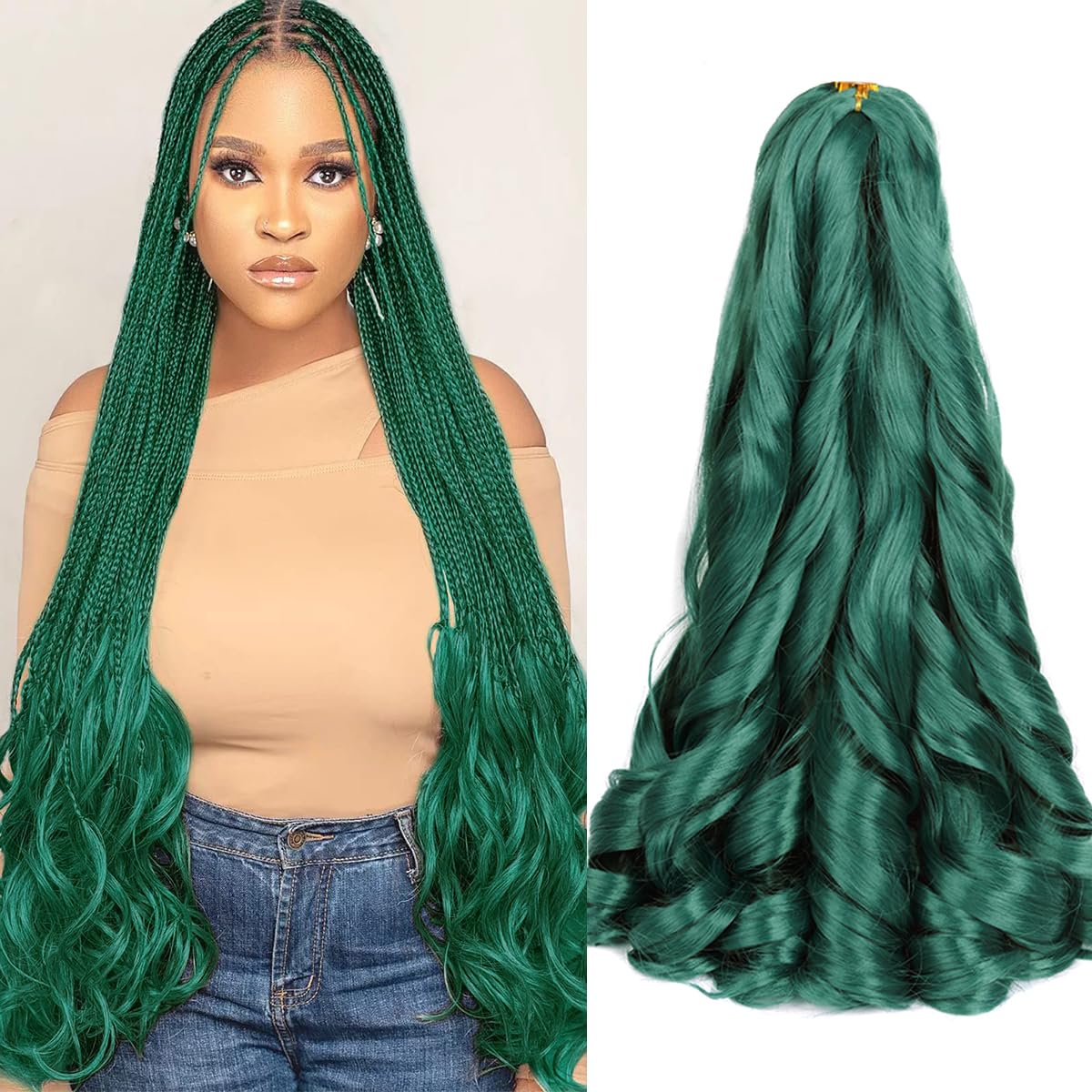 Luoyudu Green French Curl Braiding Hair 24 Inch Bouncy Braiding Hair 8 Pack Curly Braiding Hair 75g/pack Loose Wave Crochet Hair