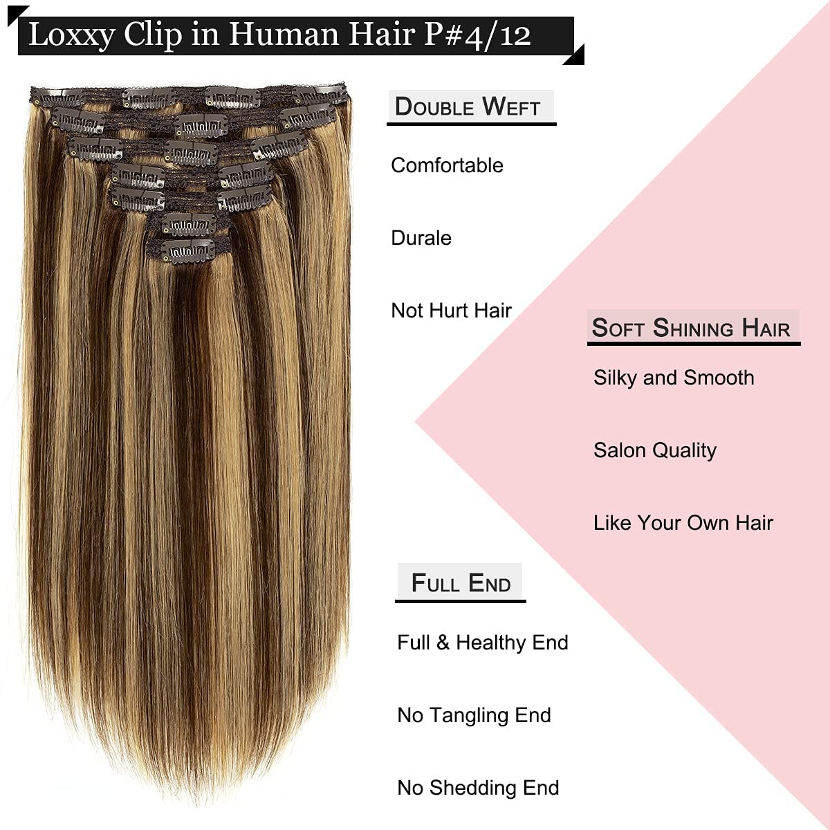 Loxxy Clip In Human Hair Extensions Natural Hair Chocolate Brown Mixed With Light Golden Brown 7Pieces 120G Double Weft Extensio