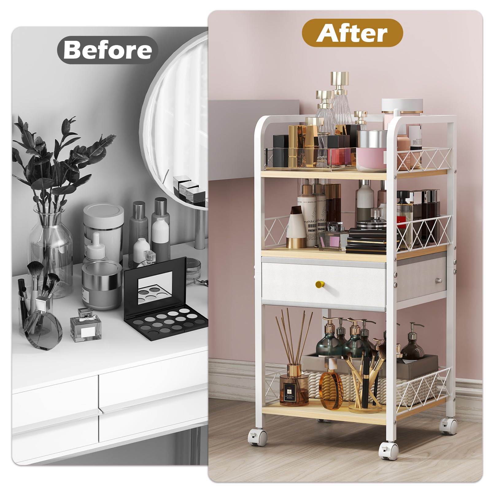 Floor Makeup Organizer Cart with Drawer,Rolling Bathroom Organizers and Storage,Versatile Skincare Perfume Storage Vanity Organi