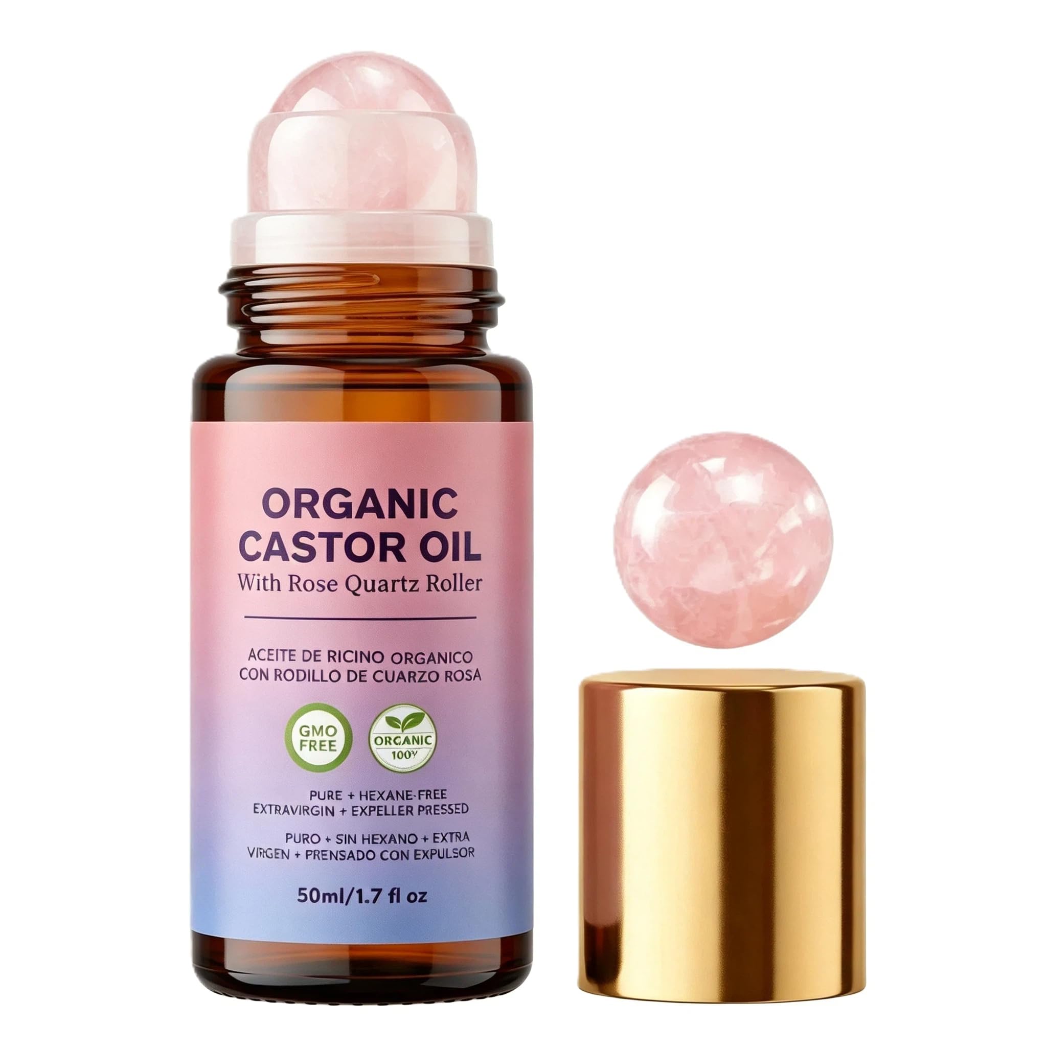 Yamucio Castor Oil Rose Quartz Roller Ball, Travel Size, 1.7 oz