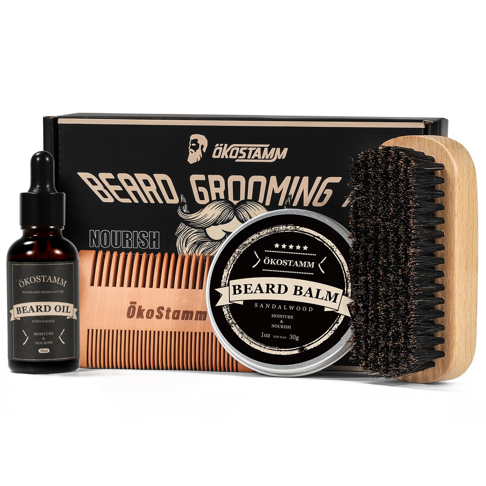 koStamm 4 in 1 Beard Brush and Comb Set with Beard Oil and Balm