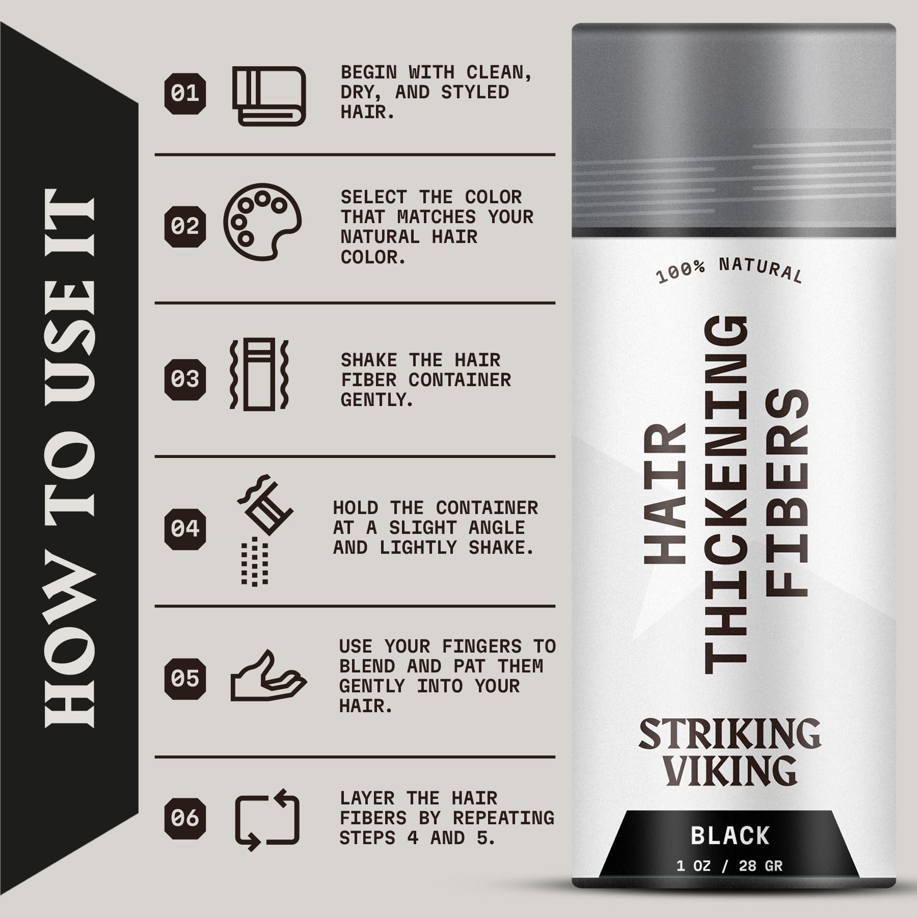 Striking Viking Hair Building Fibers for Thinning Hair (Black) 28g - Natural - Long-Lasting Powder for Undetectable, Thicker Loo
