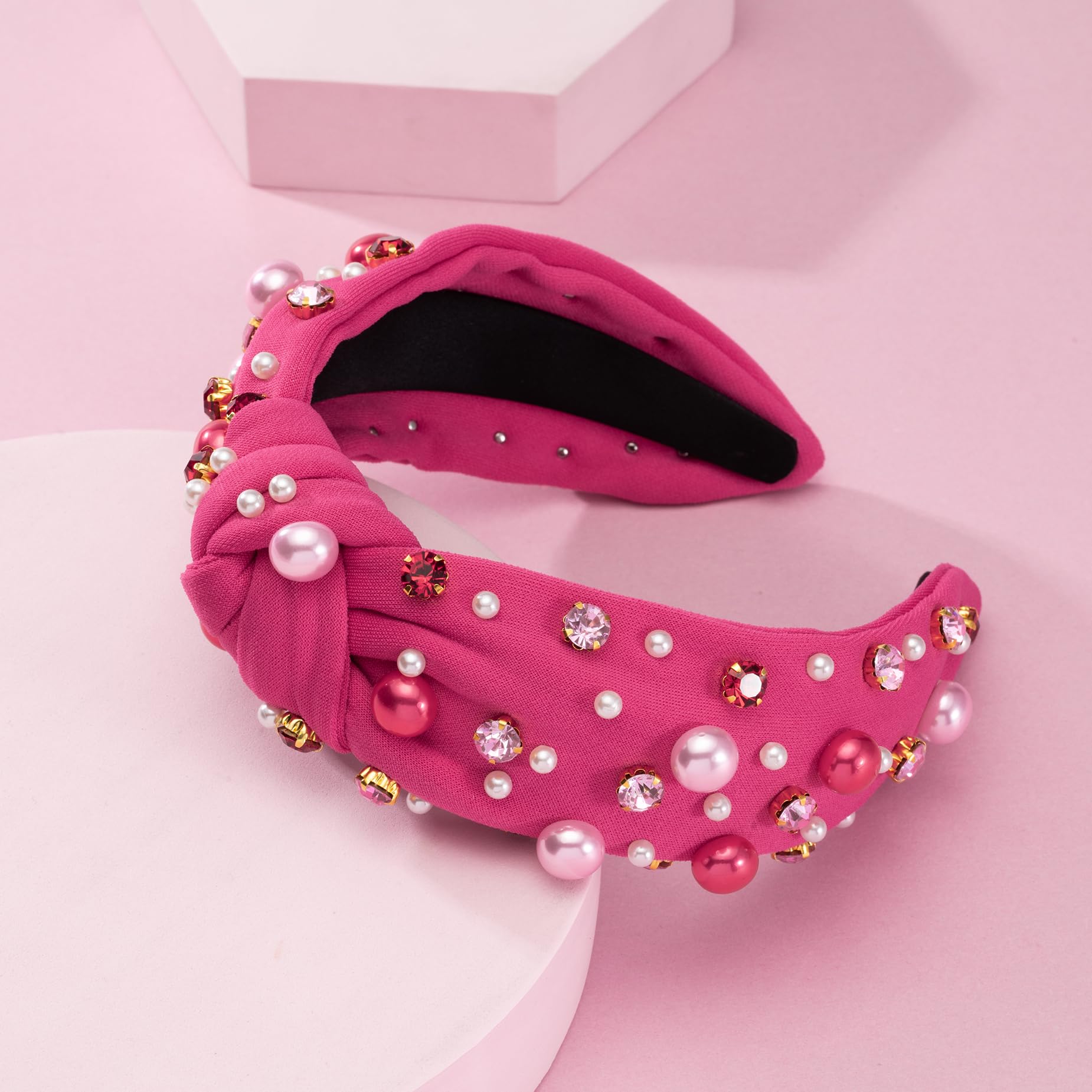 Mixcbe Valentine'S Pearl Headband - Crystal Jeweled Knotted Hair Accessory Gift For Women, Red Pink Hot Pink Wide Top Knot