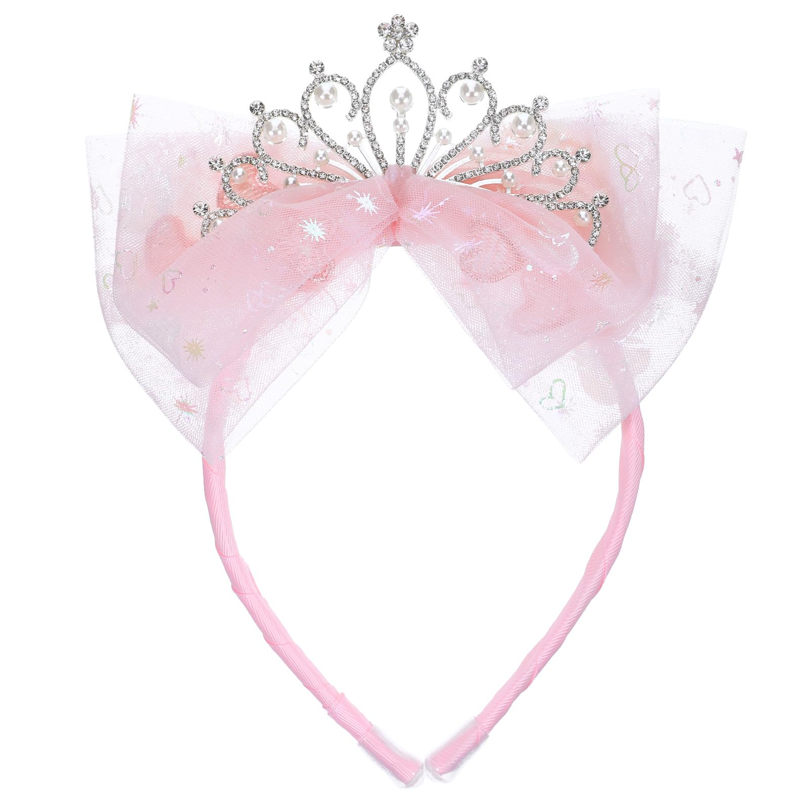 FdcLixuvol Elegant Tiara Headband with Tulle Bow, Pink Rhinestone Crown for Women, Birthday Celebration, Bridal Shower and Festi