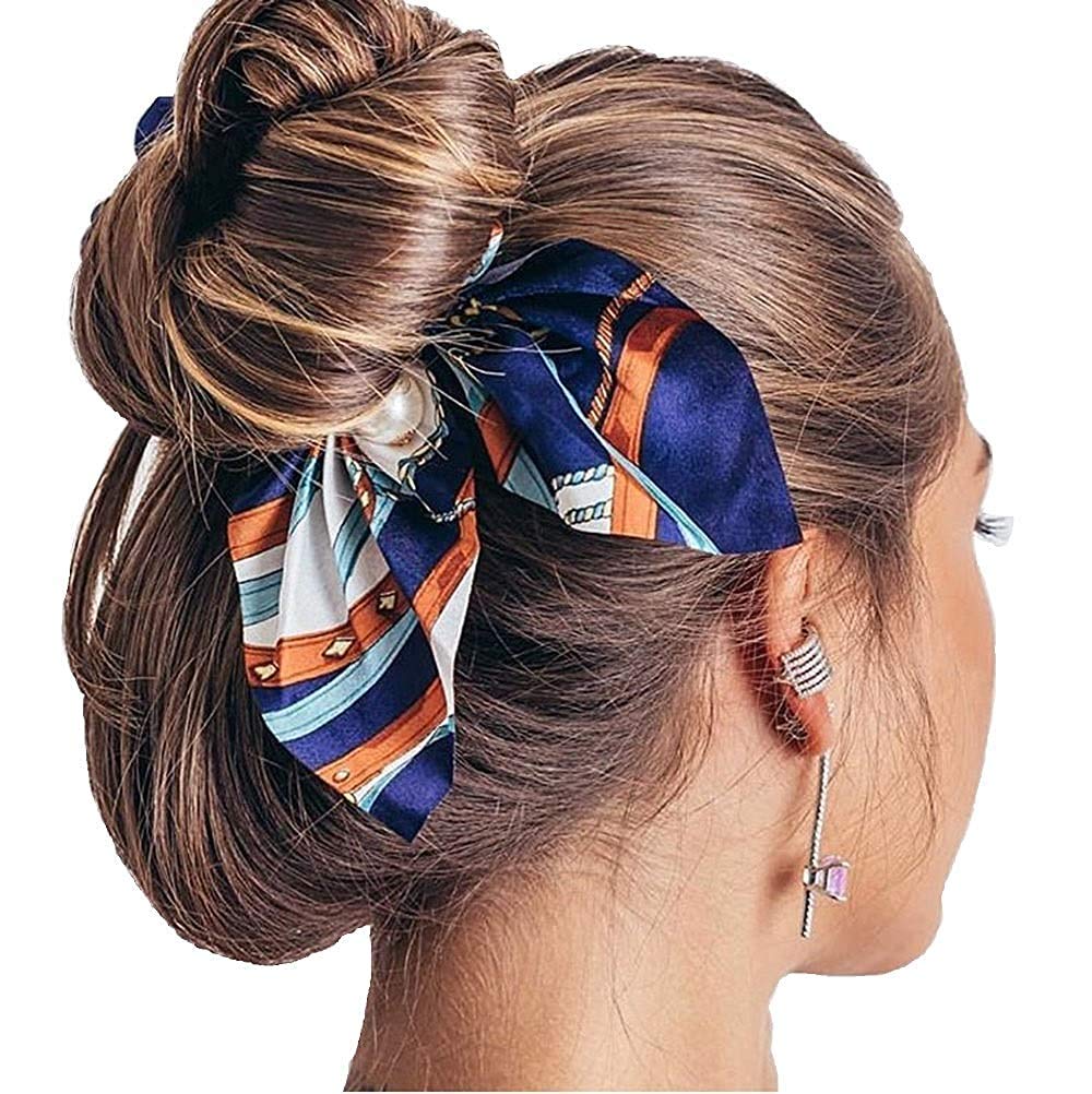 Ziory 1Pc Navy Blue Printed Chiffon Bowknot Elastic Pearl Scrunchies Headband Hair Ties Ponytail Holder Hair Accessories