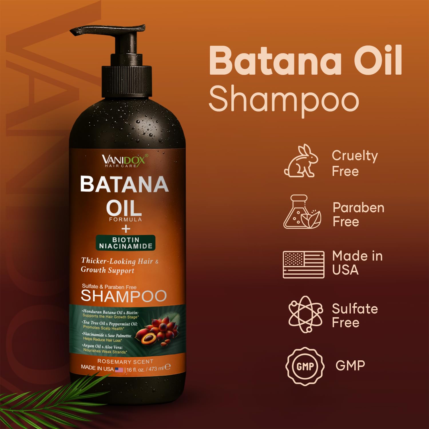 VANIDOX Batana Oil Shampoo - Biotin & Niacinamide Enriched - Sulfate-Free, Paraben-Free - Moisturizing & Strengthening Hair Clea