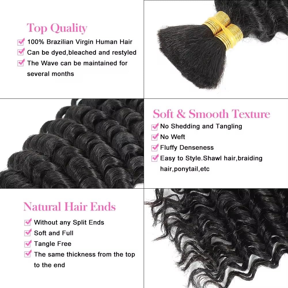 9A Virgin Curly Human Hair for Boho Knotless Braids Deep Wave Bulk Human Hair No Weft 1 Bundle 50g(1 Pack 2 Bundles)16 Inch Curl