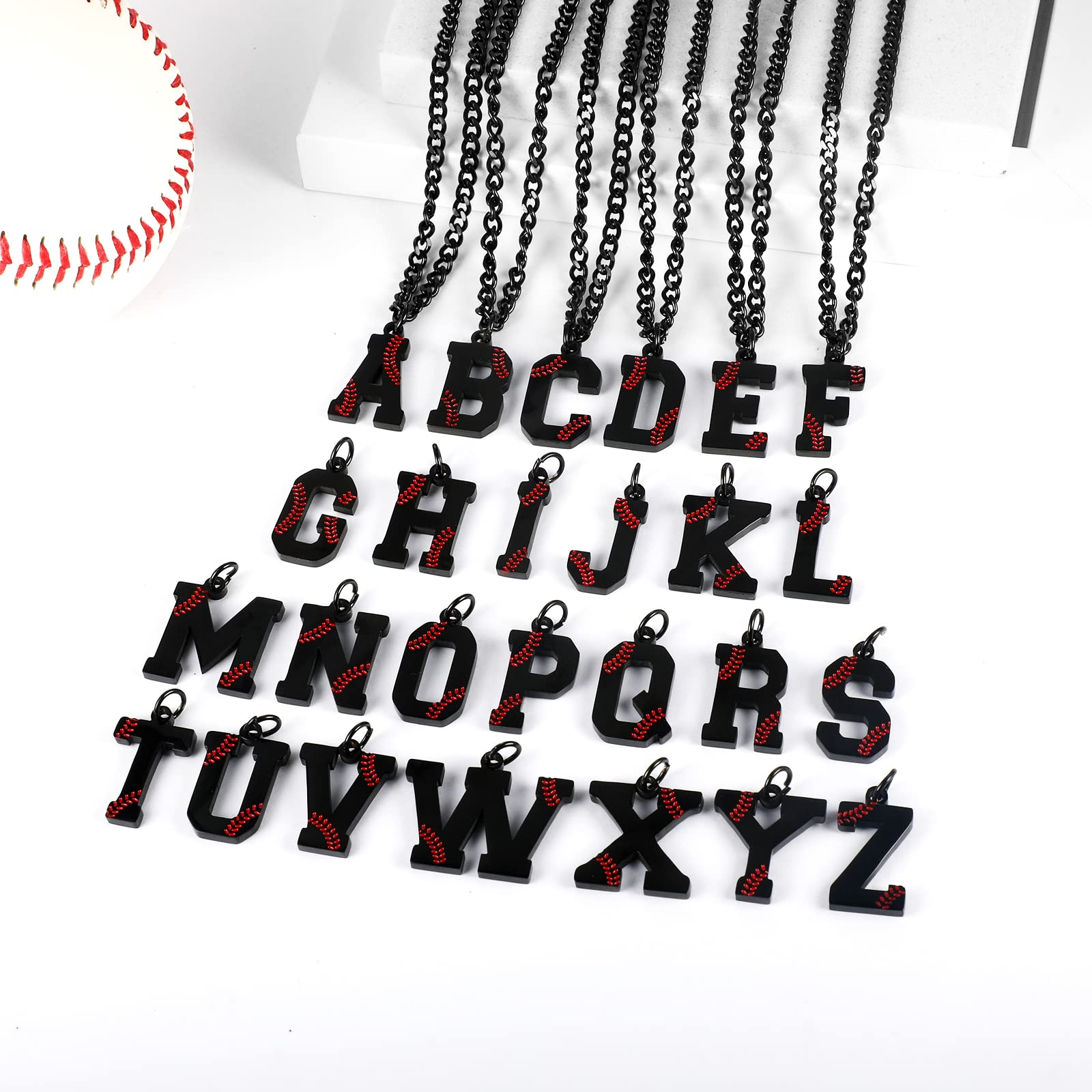 AIAINAGI Baseball Initial A-Z Letter Necklace for Men Baseball Charm Pendant Stainless Steel Black Chain 22inch Personalized Bas