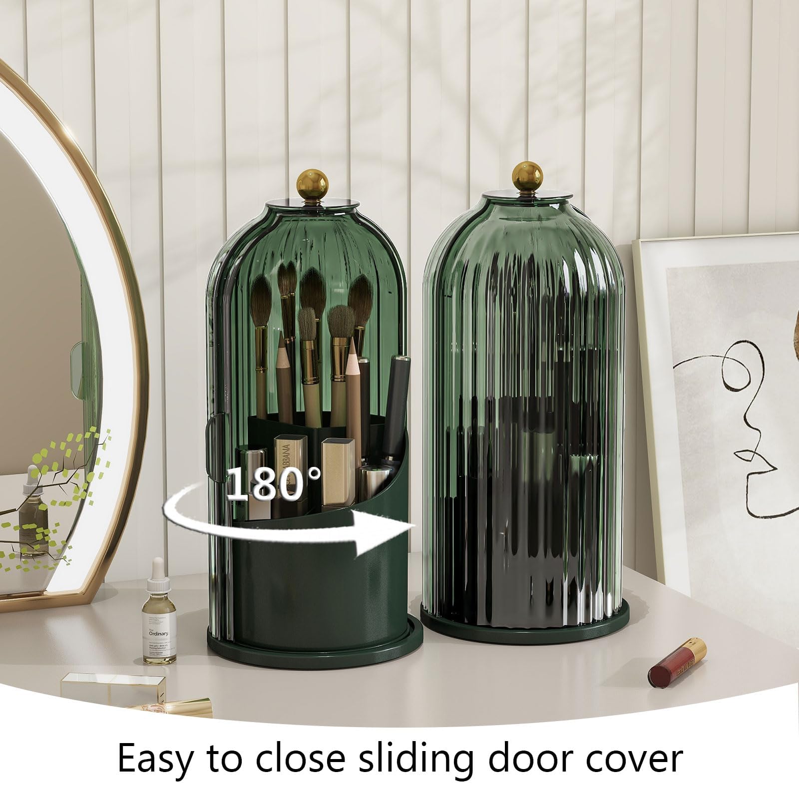 Emljkvp Makeup Brush Holder With Dustproof Cover 360 Rotating Makeup Brush Organizer For Vanity Bathroom, All Green