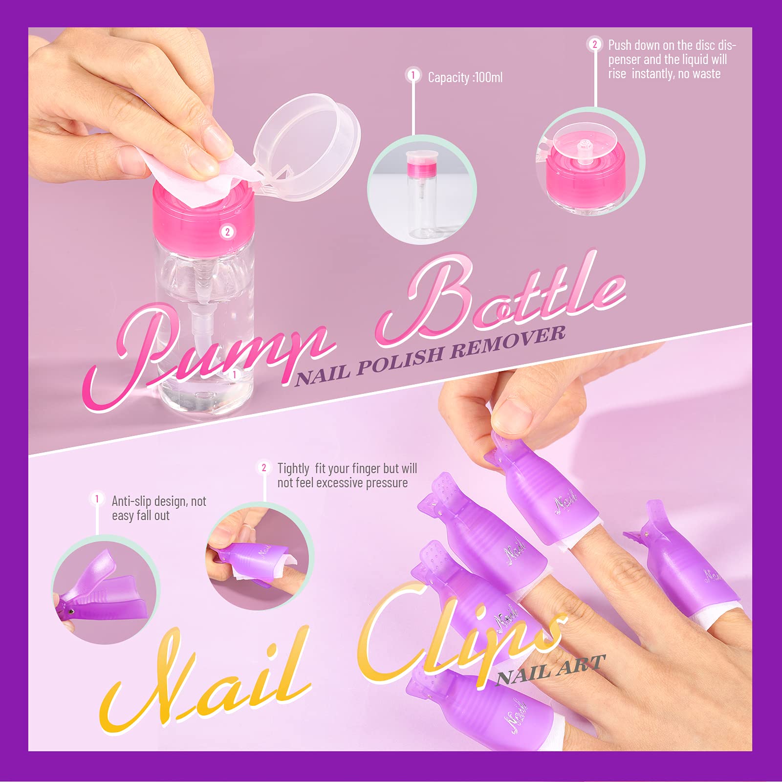 Teenitor Nail Gel Polish Dipping Powder Remover Tools Kit with Nail Clips Nail Remover Pads Cuticle Oil Nail Brushes Nail File B