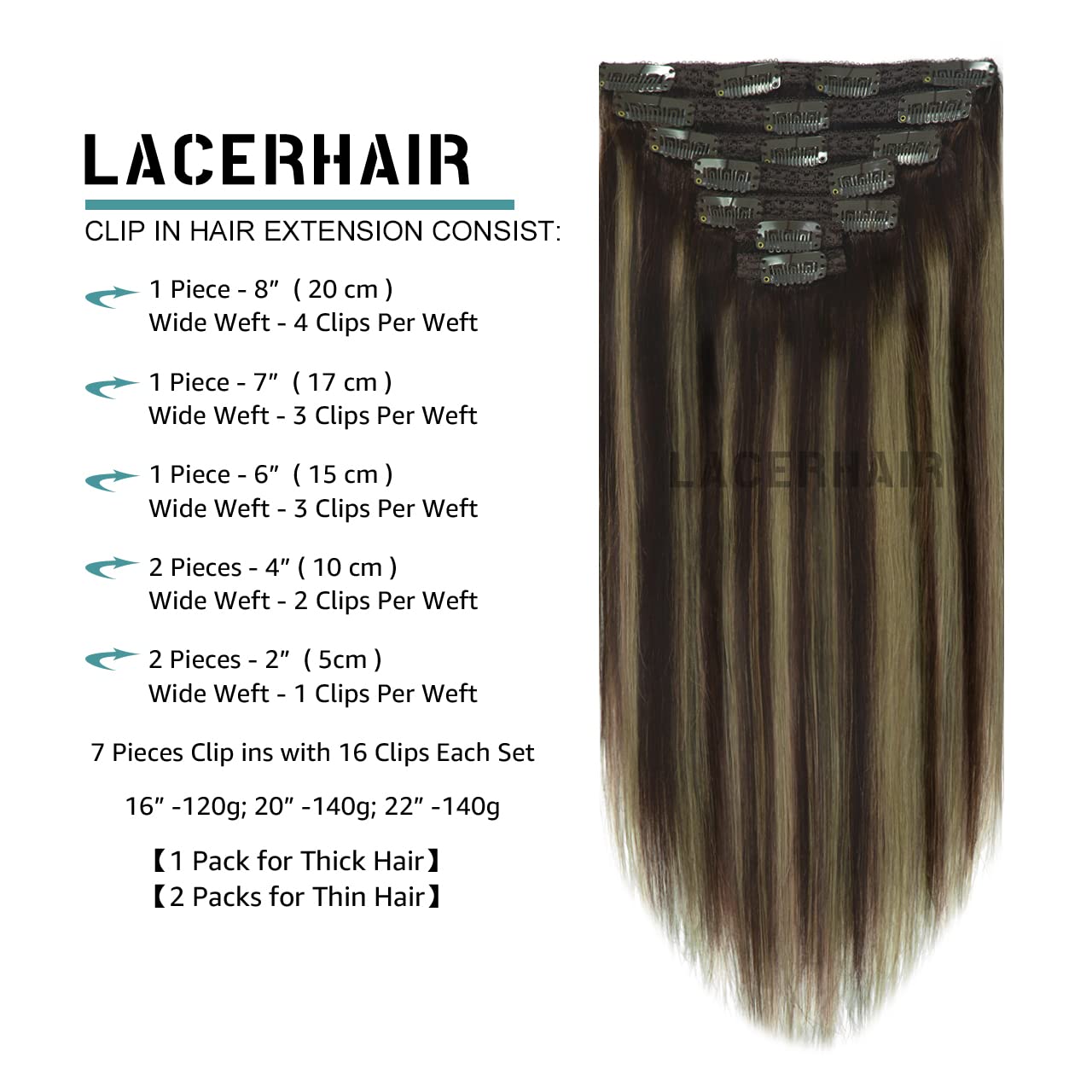 Lacer Hair 14 Inch Full Head Clip in Hair Extensions Human Hair Rooted Dark Brown to Chestnut Brown Highlight Dark Brown Remy Hu