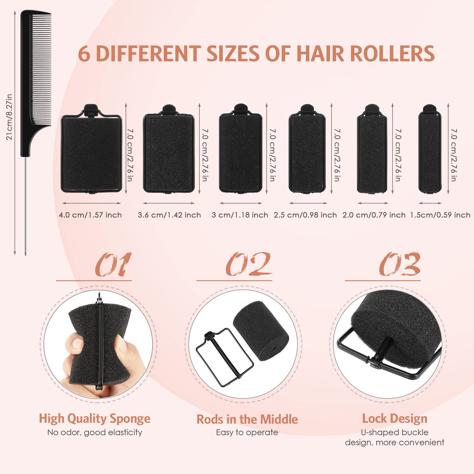 Syhood Foam Sponge Hair Rollers - 56 Pieces, Flexible Styling Curler Set with Stainless Steel Pintail Comb - Black