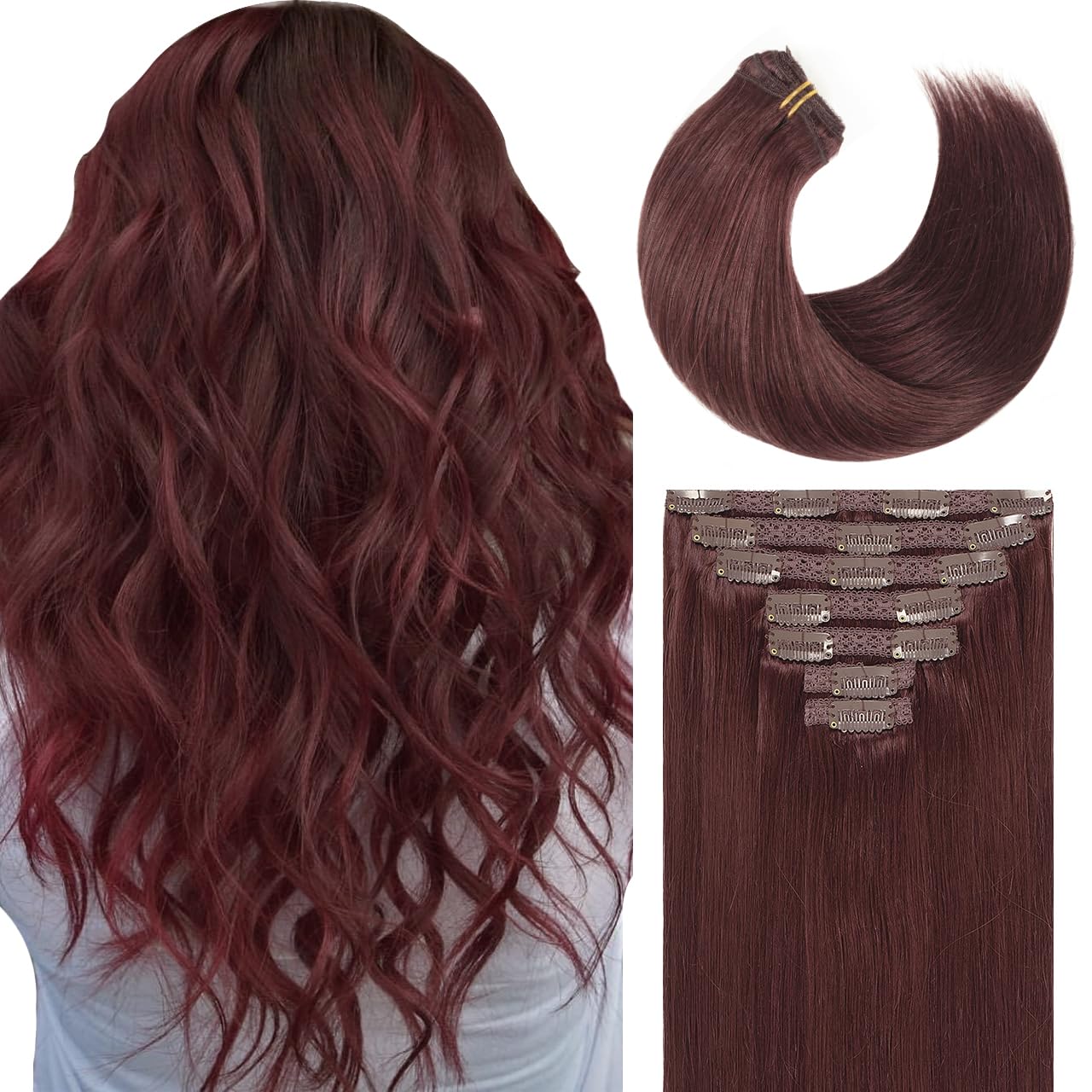 Lacer Hair Real Clip In Hair Extensions #99J Deep Burgundy Color Real Hair Extensions Clip in Double Weft Remy Hair Clip in Exte