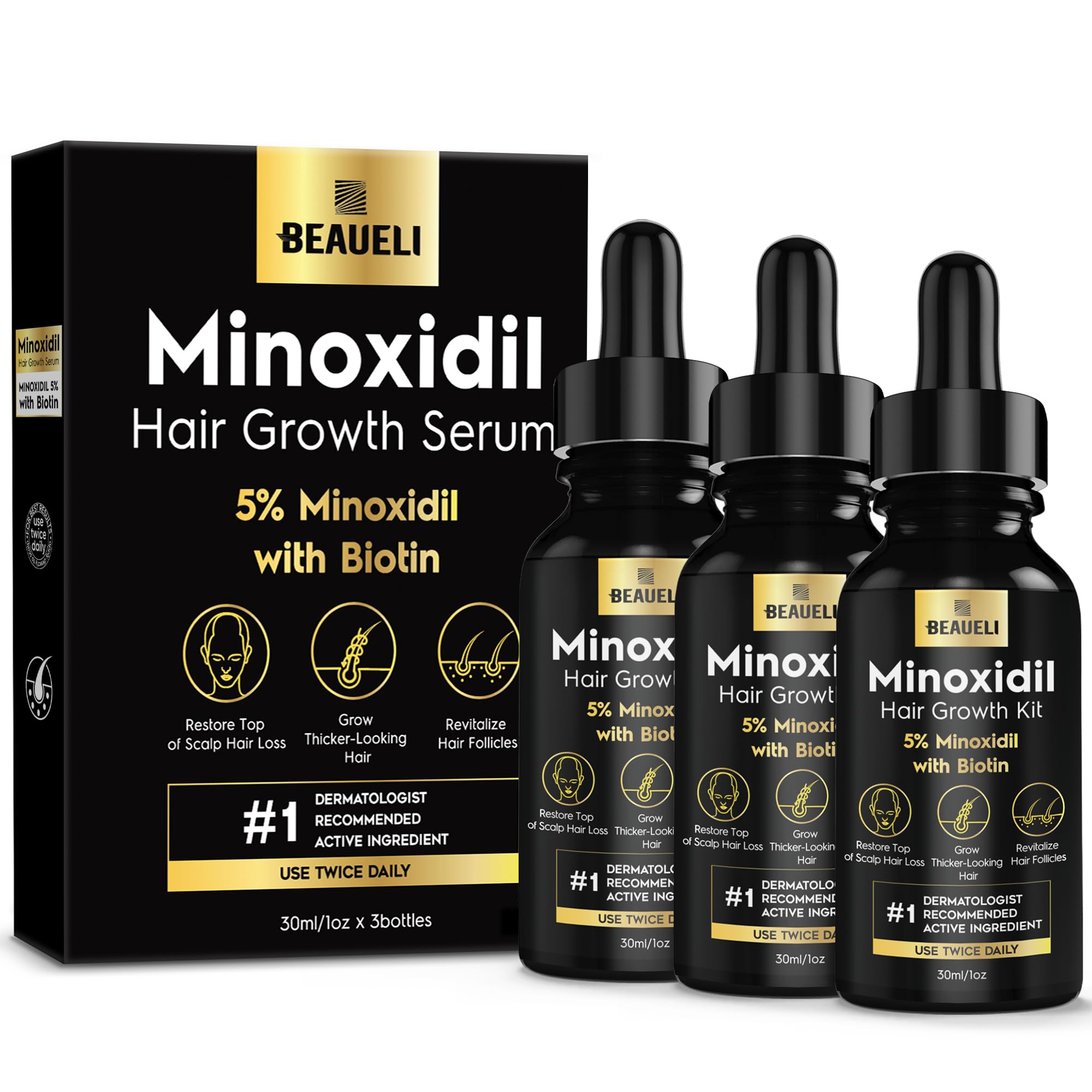 Beaueli 5% Minoxidil for Men and Women, Hair Growth, Beard Growth, Hair Regrowth, Unscented Drop, 3 Fl Oz, 3 Bottles