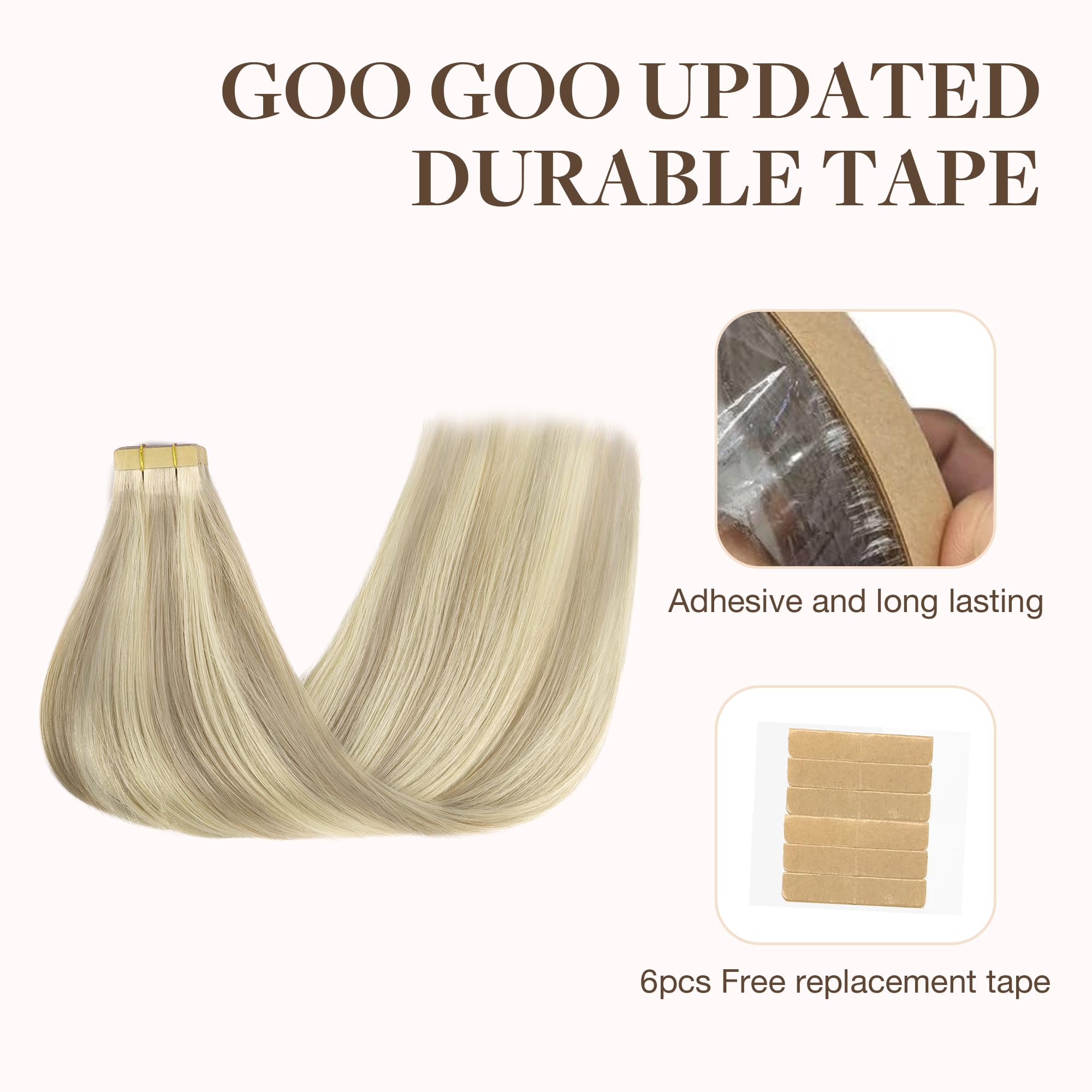 Goo Goo Tape In Hair Extensions Human Hair, 17A/60A Ash Blonde Highlighted Platinum Blonde, 20Inch 50G 20Pcs, Thick Ends Straigh