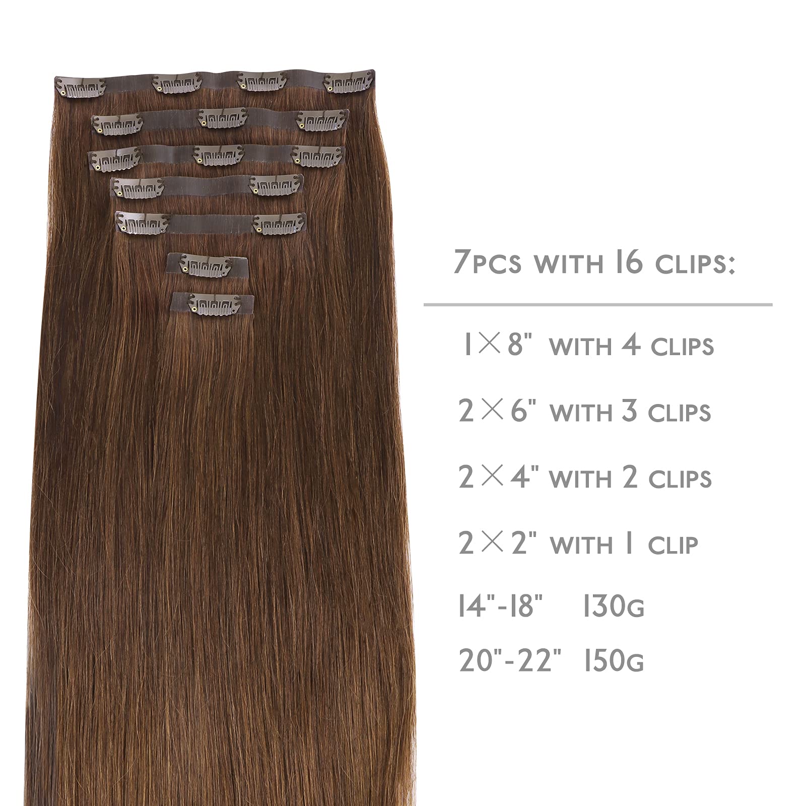 Wennalife Seamless Clip In Hair Extensions, 18 Inch 130G 7Pcs Chocolate Brown Hair Extensions Clip In Human Hair Invisible Pu Sk