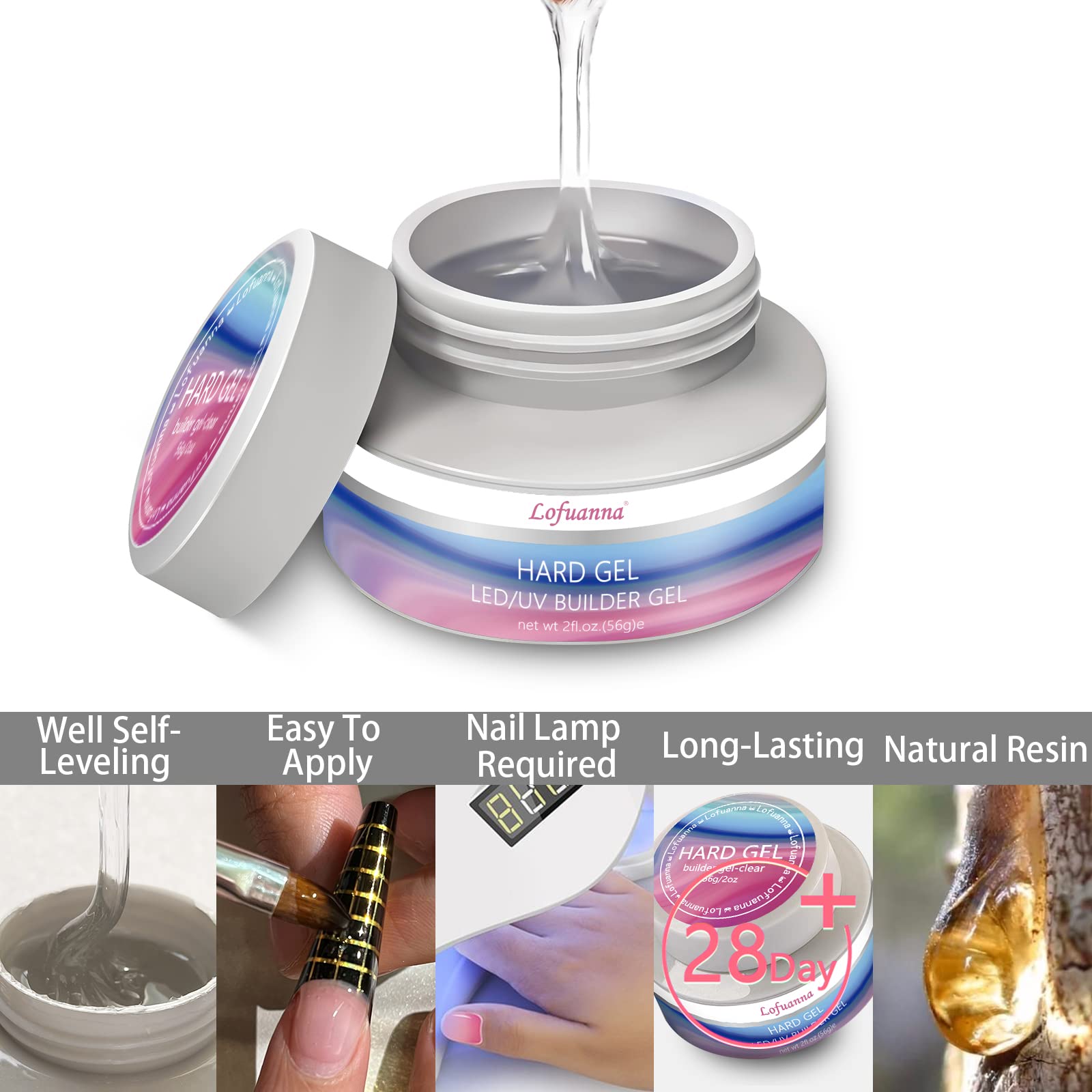 Builder Gel Lofuanna 56g LED/UV Clear Builder/Hard Gel For Nails Self-Leveling Formula Builder Gel with Nail Art Brush Nail File