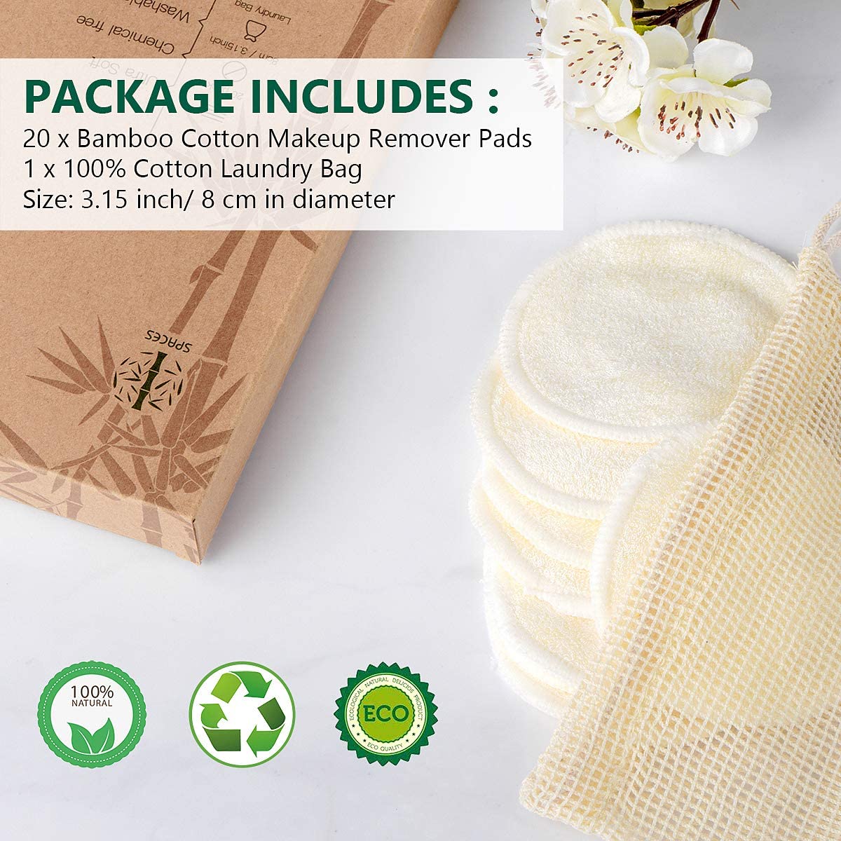 20 Packs Organic Reusable Makeup Remover Pads, Washable Eco-Friendly Natural Bamboo Cotton Rounds For All Skin Types With Cotton