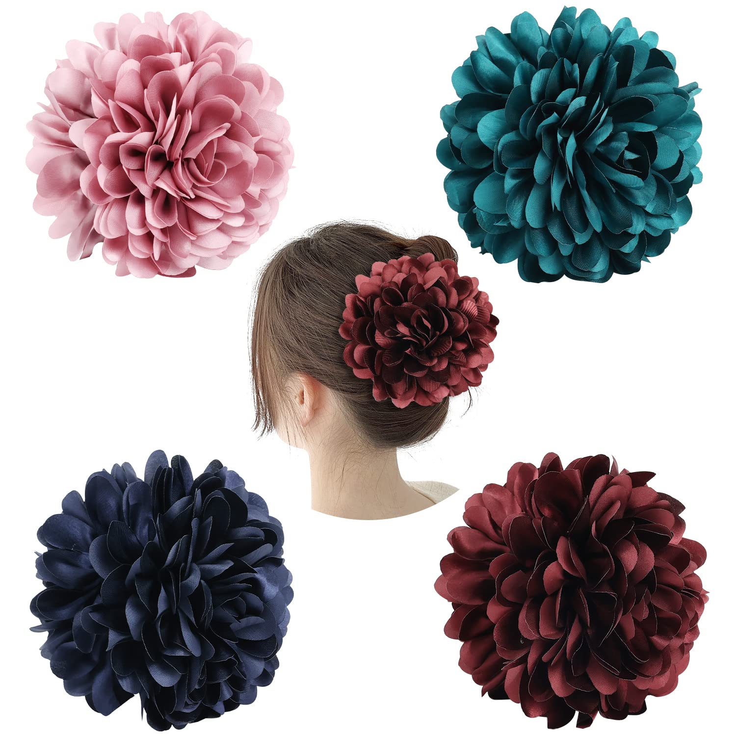 Cinaci 4 Pack Black Plastic Hair Claws Clips with Big Large Satin Flower Bow Barrettes Clamps Bun Chignon Updo Holders Hair Acce
