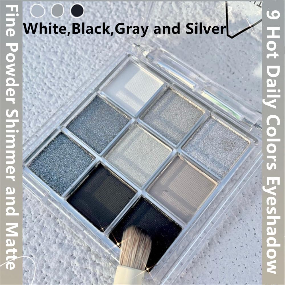 Go Ho Black/Silver Smokey Eyeshadow Palette,White Eye Black Eye Shadow Palette,9 Colors Matte&Shimmer Eye Makeup Palette,Grey Wh